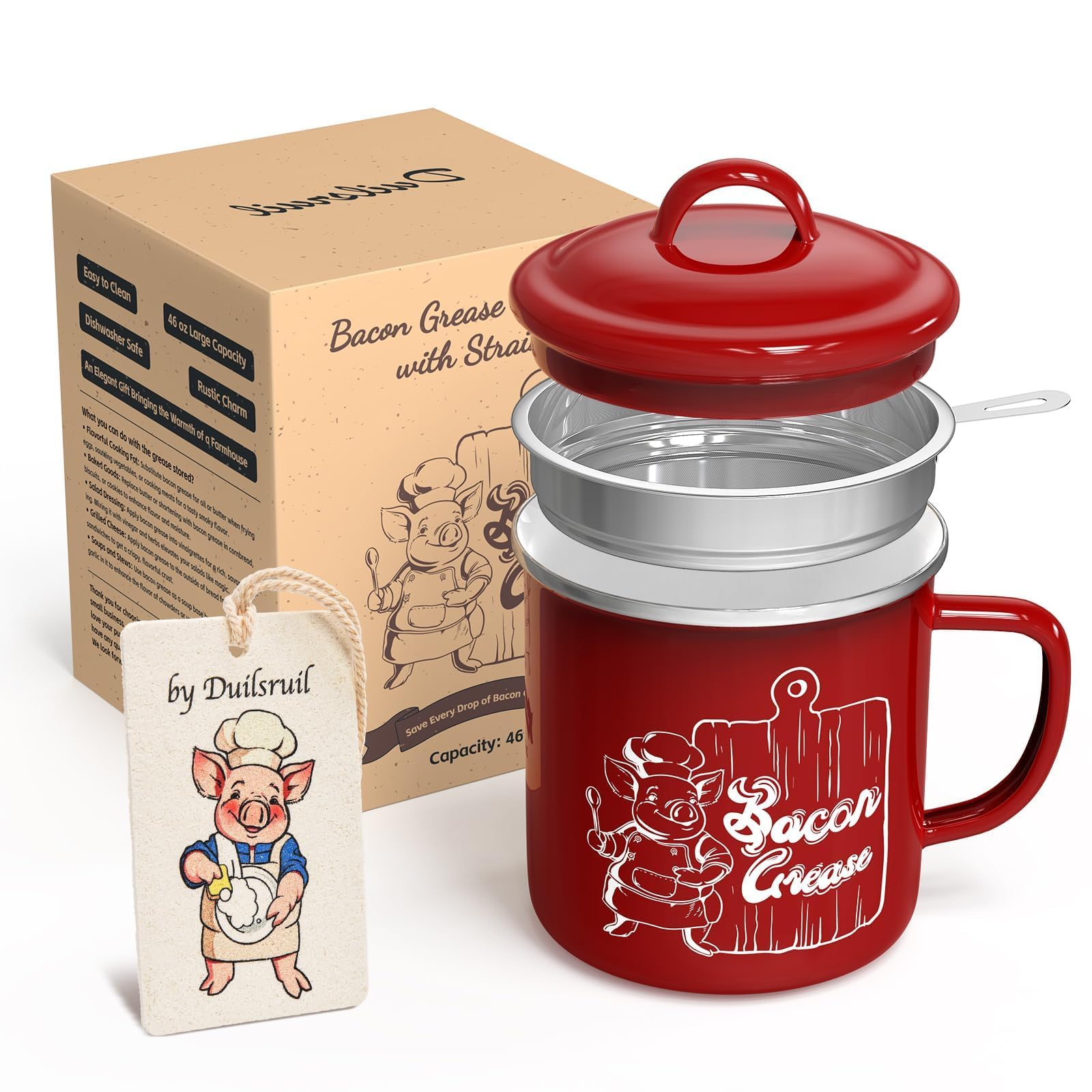 bacon grease container with removable strainer - includes natural cellulose sponge 46oz kitchen oil storage fat saver amp cooking oil keeper farmhouse style dishwasher safe heat resistant