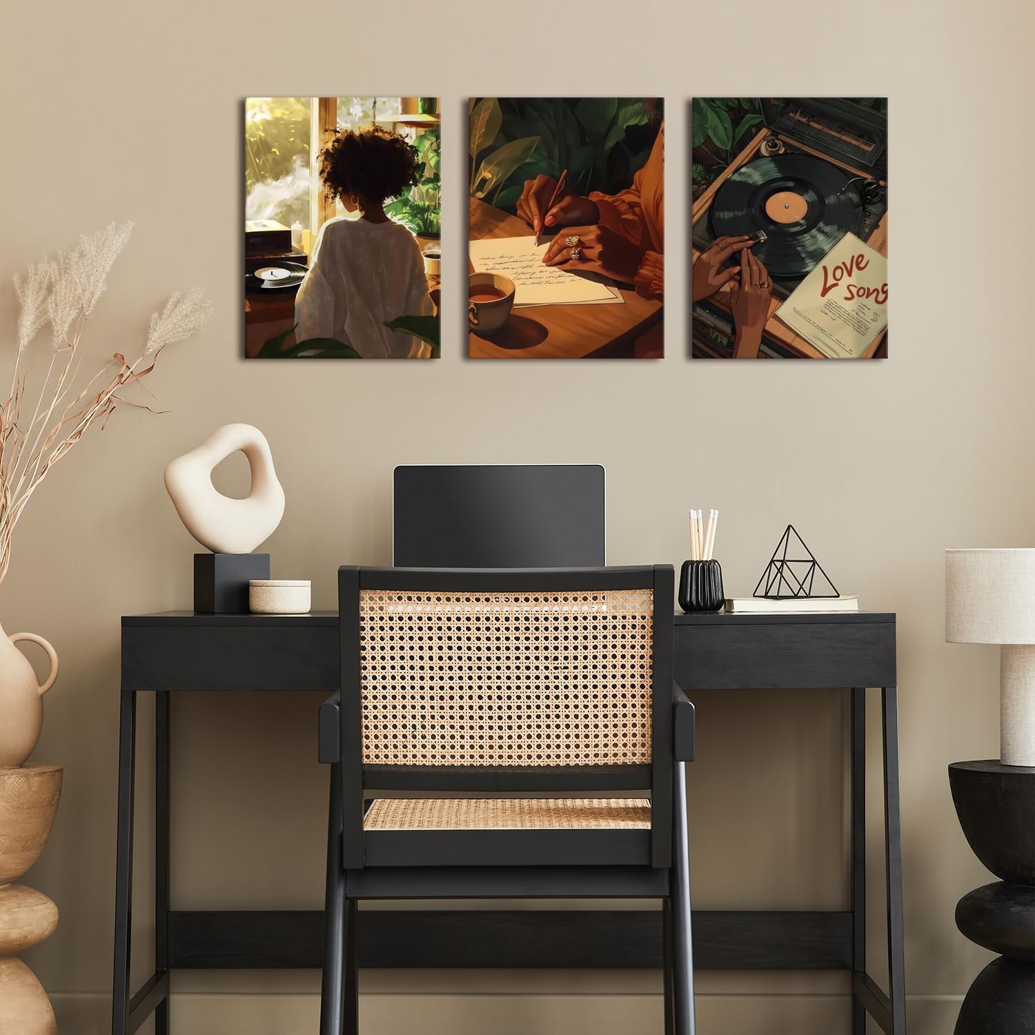 Black Girl Canvas Wall Art Set of 3 Trendy African American Women Music Posters Song Lover Wall Decor Fashion Black Woman Prints Pictures Artwork for Bedroom Living Room 16x24 Inch Framed