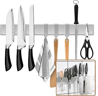 Trhillsbrad Magnetic Strip Knife, 50 cm Magnetic Knife Holder with 3 Hooks, Stainless Steel Knife Rail, Self-Adhesive, Silver Wall Mount, Magnetic Strip, No Drilling, Knife Holder