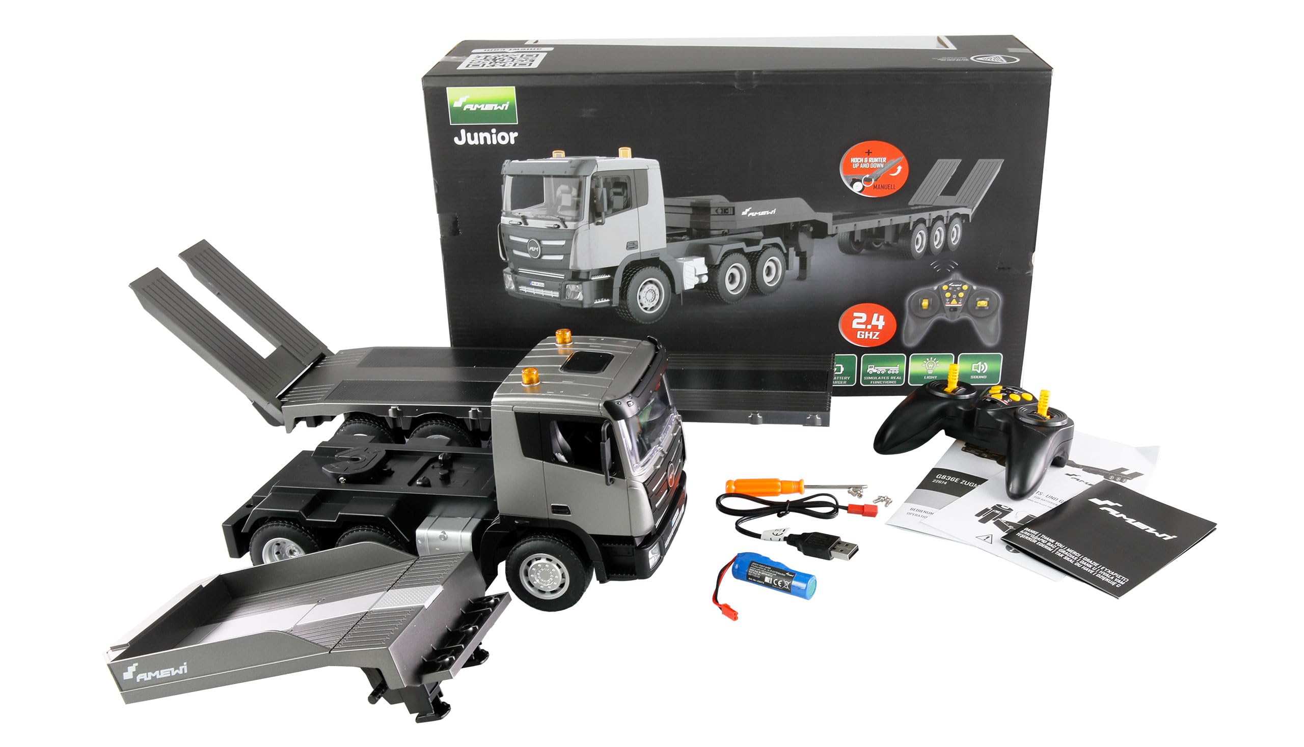 Amewi G836E trattore con pioli profondi 1:24 RTR telecomandato RC bambini 8 anni camion camion, grigio