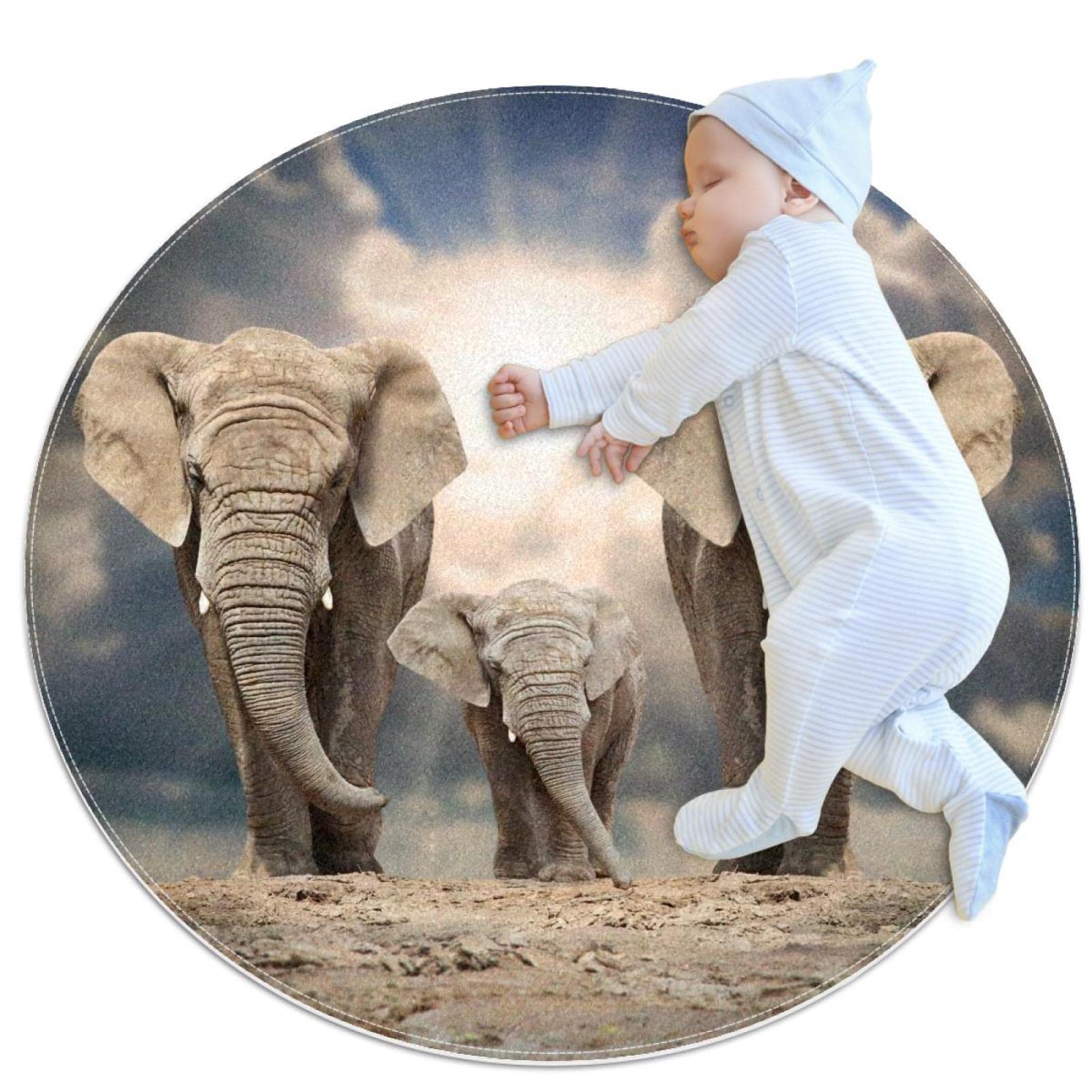 Tapis rond éléphants JDEZ 100x100cm antidérapant pour chambre et salon