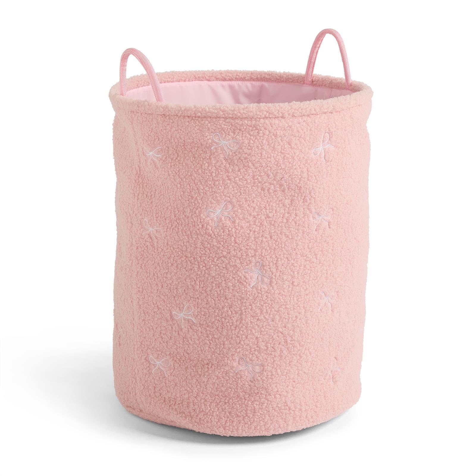 OHS Bow Print Large Laundry Basket Boucle Storage Box Blanket Basket, Pink