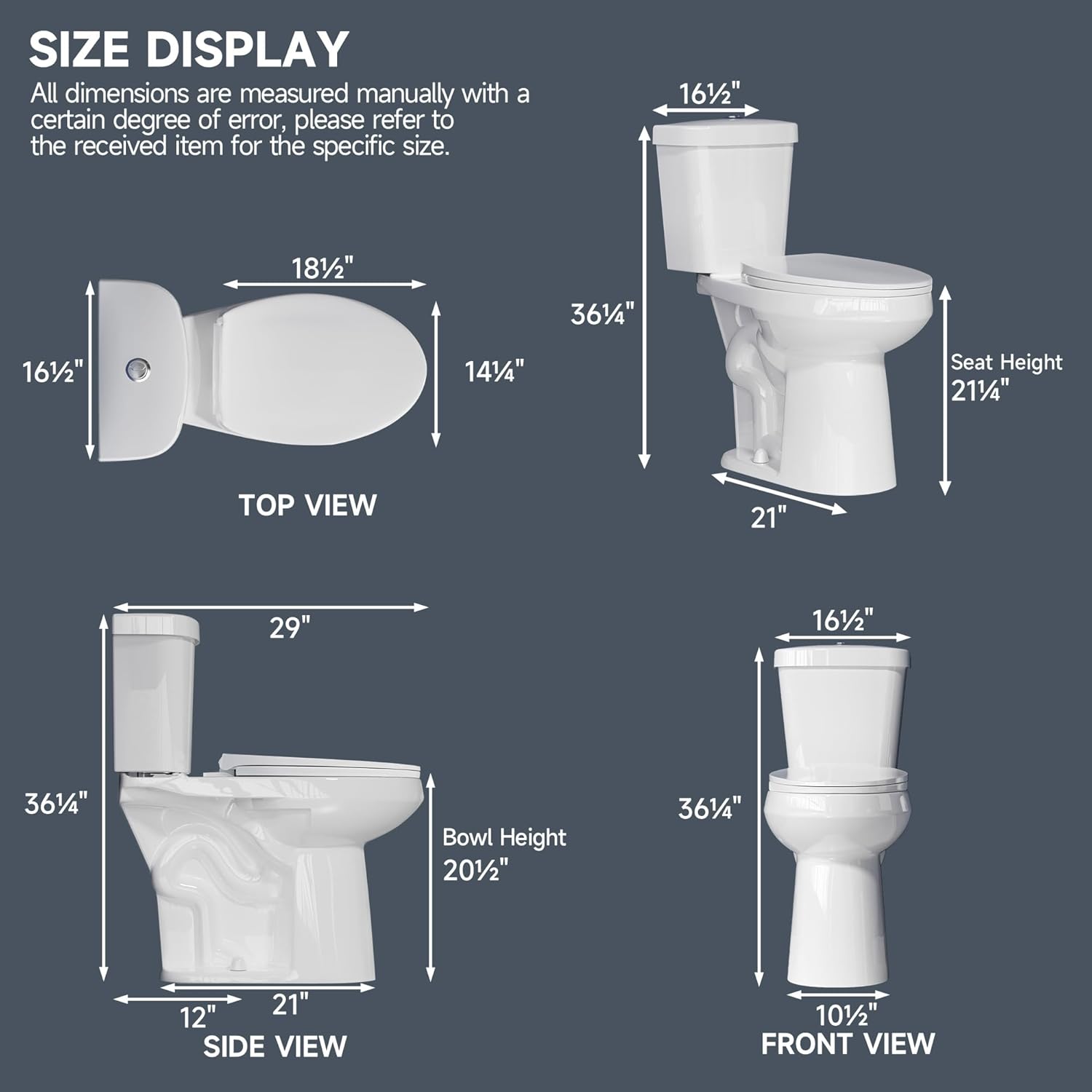 Miuara Elongated Extra Tall Toilet 21 Inch for Seniors 1.1/1.6 GPF Tornado Dual Flush - Two Piece Comfort High Toilet for Bathroom, 20.5 Inch Bowl Height, 21.25 Inch Seat Height, 12" Rough In, White