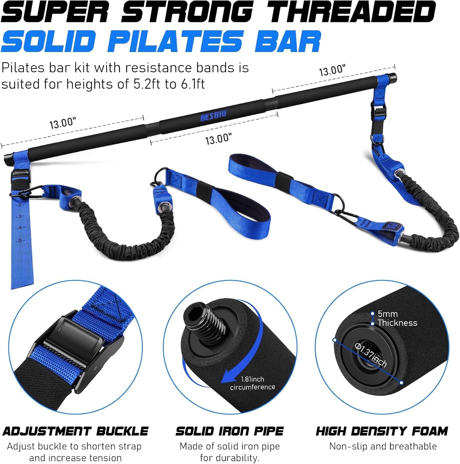 Pilates Bar Kit with Resistance Bands for Working Out, 210lbs Heavy Resistance Bands with Handles, Pilates Equipment with Resistance Band Bar for Men Women, At Home Gym Full Body Workout Equipment