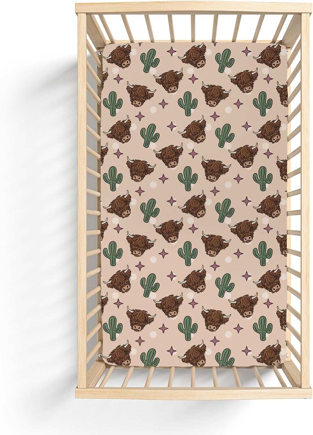 Western Highland Cows Baby Crib Sheets for Boy Girl 52x28Inch Boho Cows Cactus Stars Soft Snug Fitted Crib Mattress Covers Country Farm Animals Baby Sheet for Standard Crib & Toddler Bed Mattress