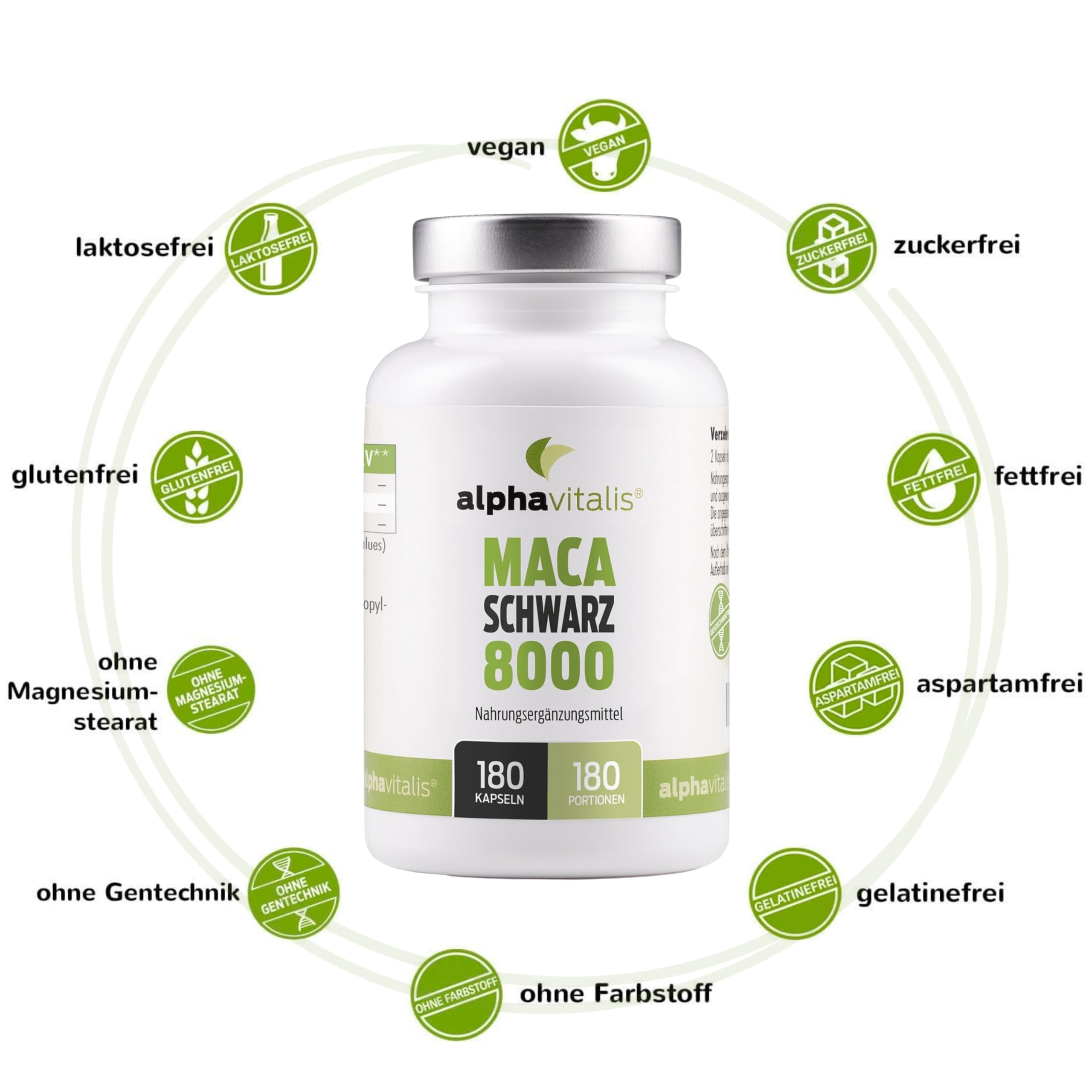 Maca Kapseln vegan - 180 Maca schwarz Kapseln - 8000 mg je Stk. als starker 20:1 Extrakt aus Lepidium meyenii - ohne Magnesiumstearat - 6 Monats Kur aus Premiumrohstoffen von alphavitalis