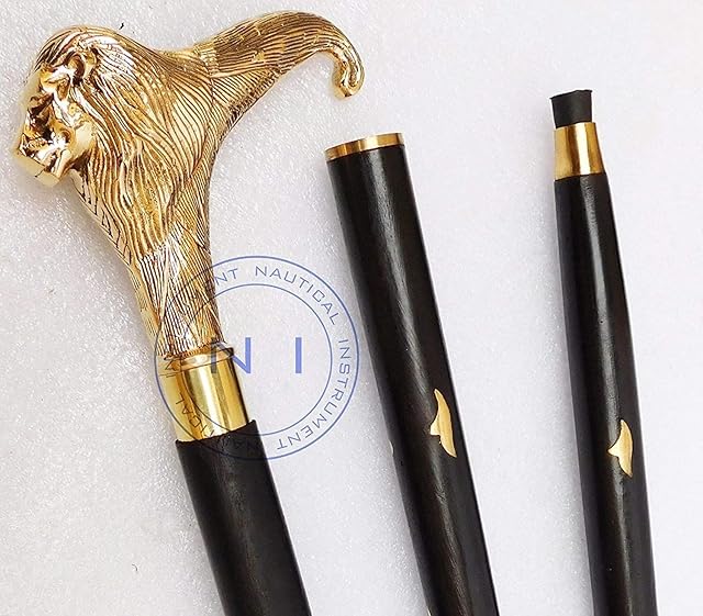 Samara Nautical Solid Brass Lion Head Handle Wooden Walking Stick Cane Vintage Designer Handmade
