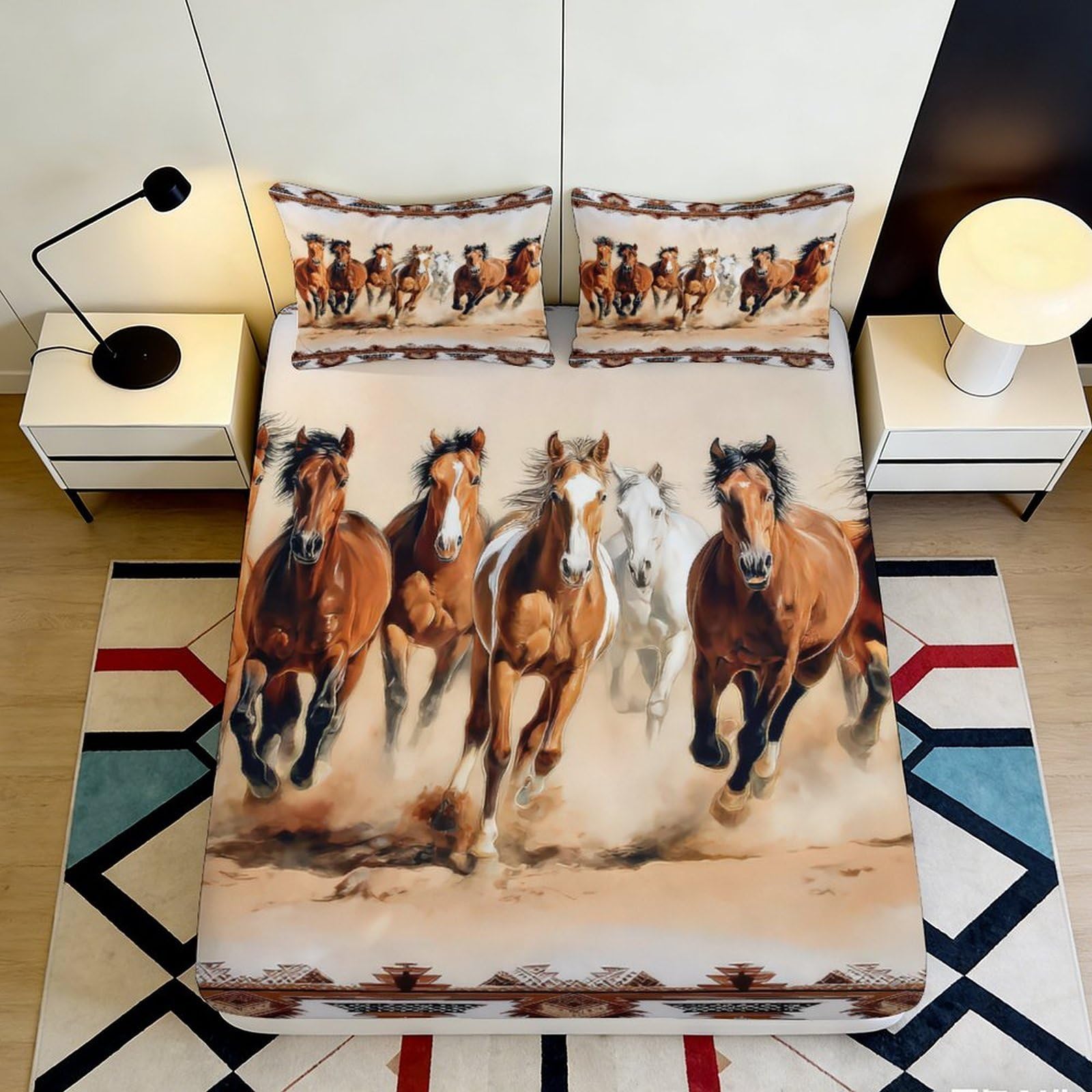 3D Printed Running Horses Fitted Sheet Microfiber Durable Soft 3D Printed Galloping Horses Mattress Cover for Bedroom Dormitory Guest Room 120x200x25cm