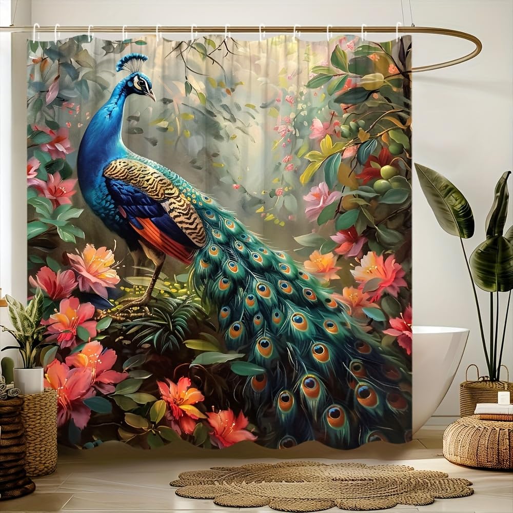 GLWDMB 1 Piece 150x180CM Tropical Peacock Floral Printed Shower Curtain With Hook, Polyester, for Windows And Walls, Bathtub, Bathroom, Machine Washable, All Season Universal