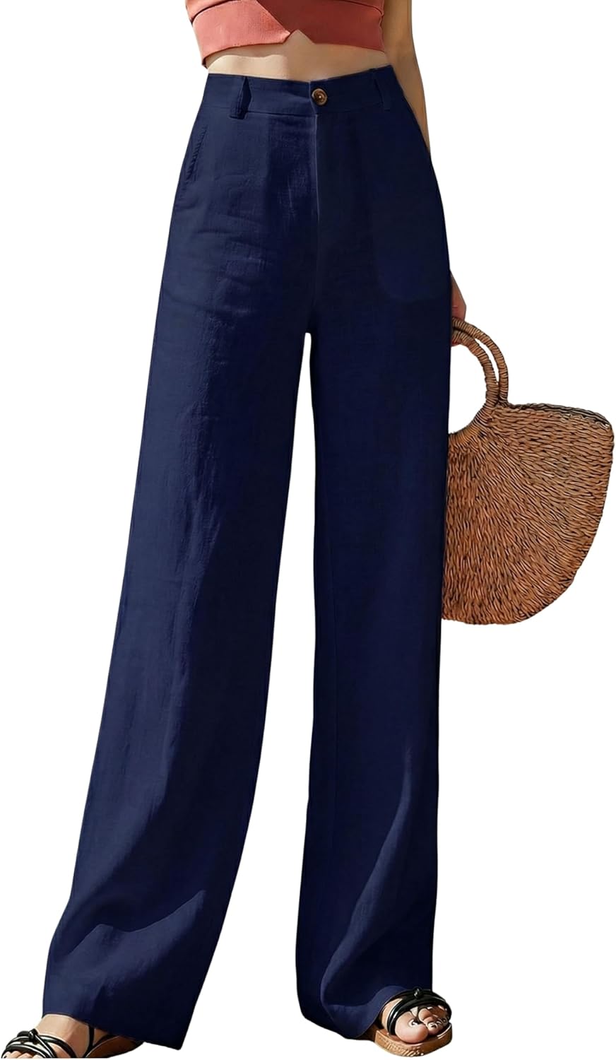 Hooever Womens Casual High Waisted Wide Leg Pants Button Up Straight Leg Trousers