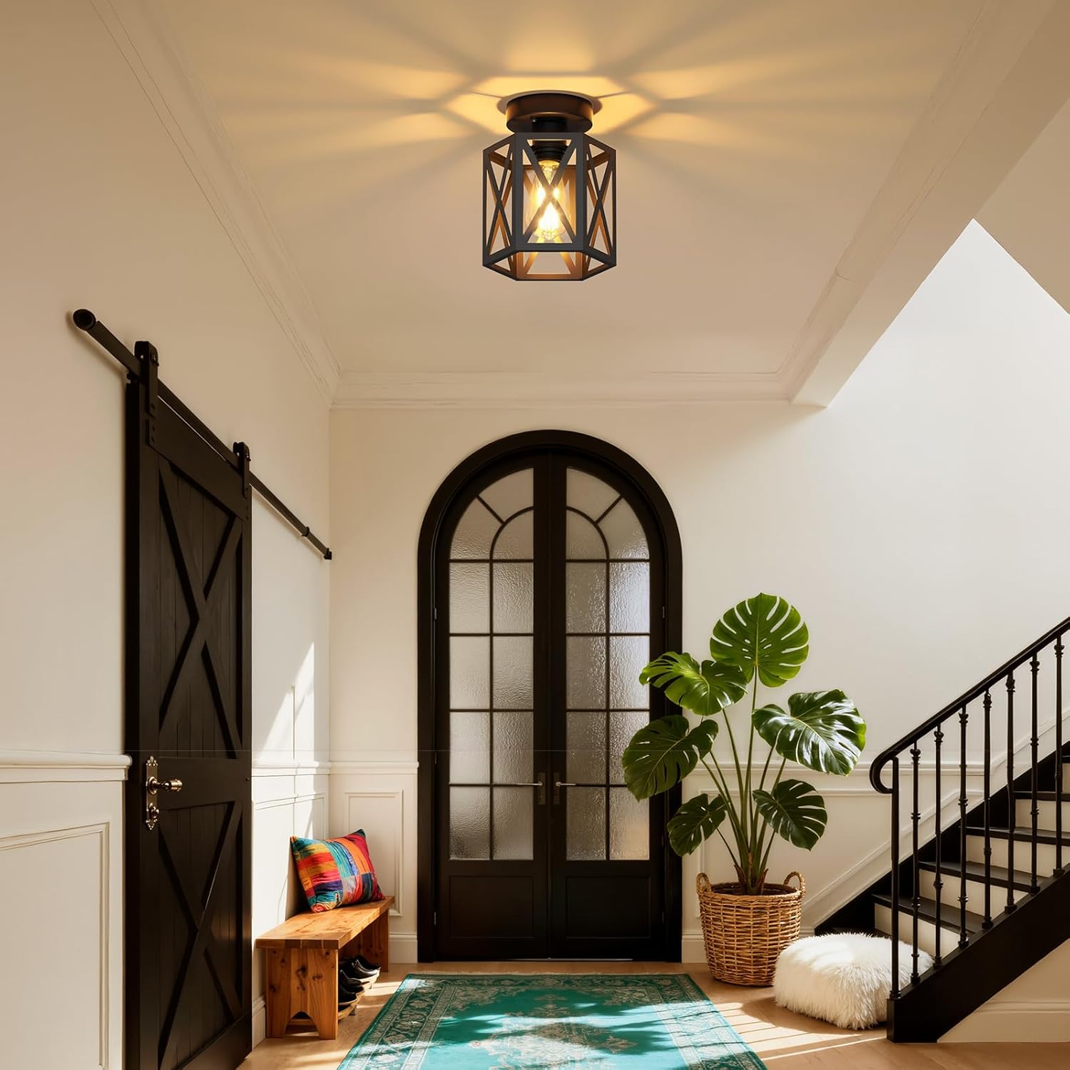 2 Pack Modern Semi Flush Mount Ceiling Light,Hexagon Flush Mount Ceiling Lights for Dining Room Light Fixture,Farmhouse Black Metal Kitchen Island Lighting Fixtures for Hallway,Bathroom