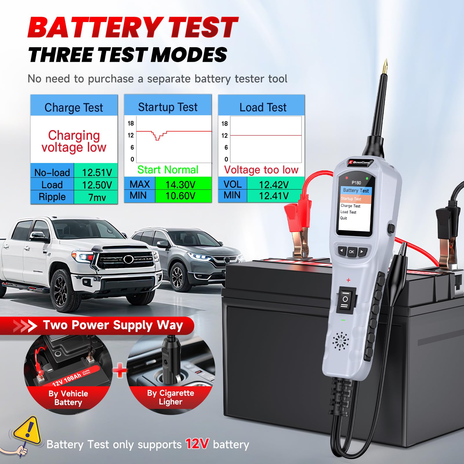 BOSSCOMM P180 - Probador de sonda de circuito de alimentación automotriz, herramienta de búsqueda de interruptores de 12-24 V, trazador de cables, prueba de batería, prueba de inyector de combustible