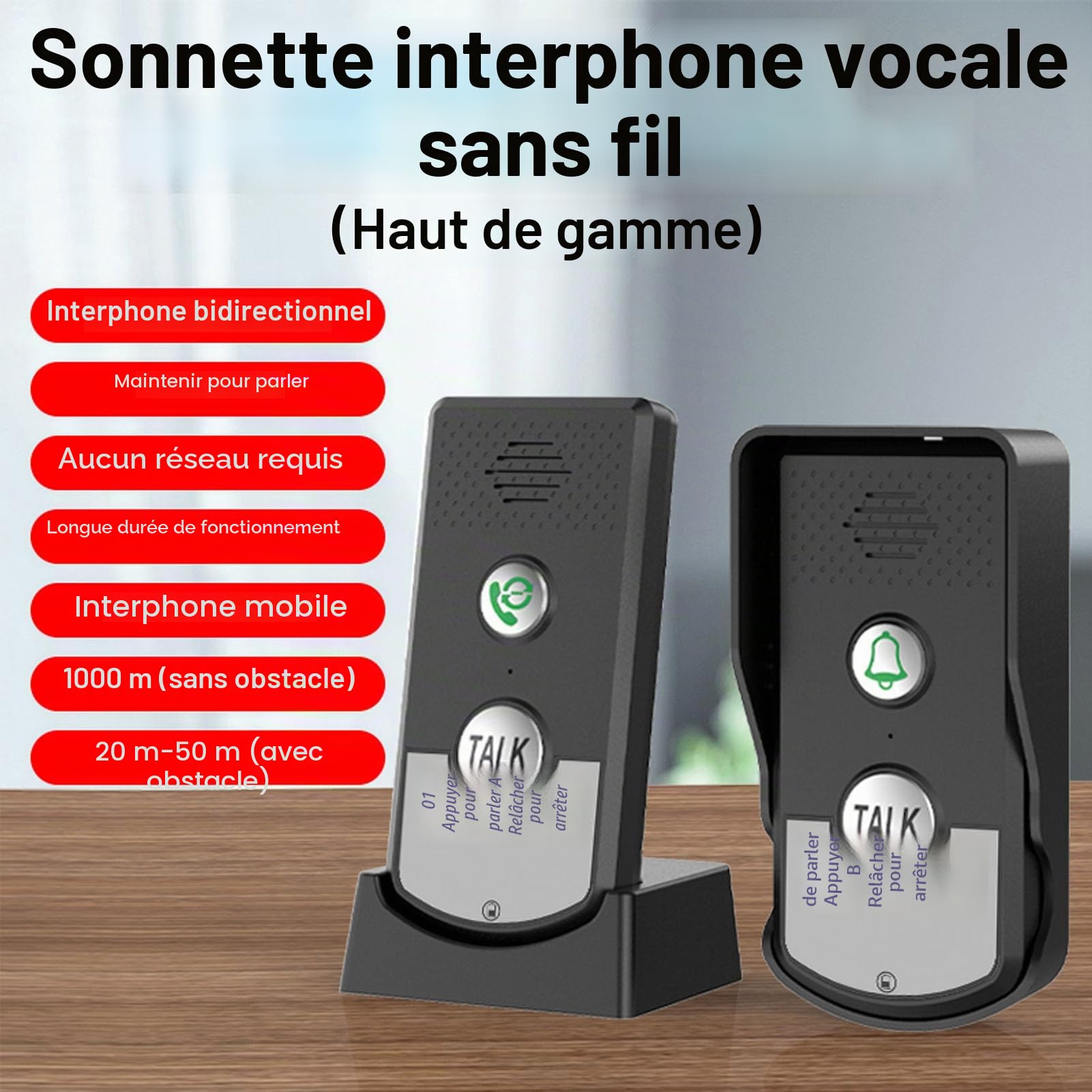 Interphone sans Fil à Longue portée 1500 mètres, avec 2 récepteurs intérieurs, Communication bidirectionnelle, Volume réglable, étanche aux intempéries pour la sécurité Domestique