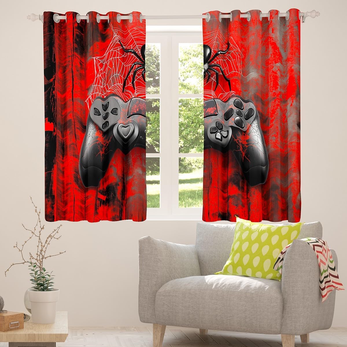 Manfei Gamer Gamepad Kids Window Curtains,Halloween Spider Web Window Drapes for Boys Girls,Tie-dye Graffiti Videogames Controller Console Red Window Treatments Grommet Top 2 Panel Set,38Wx45L inch