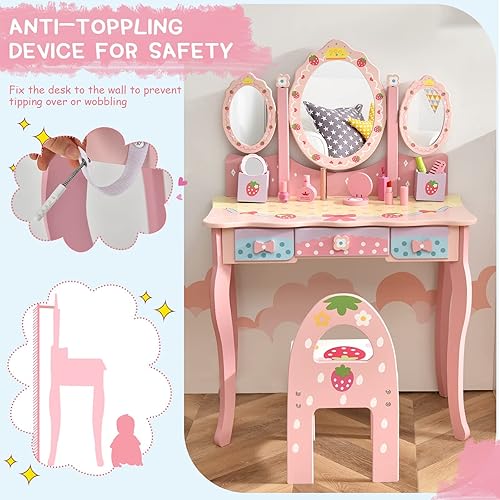 Miniatura 7 de Olakids Juego de tocador y silla de madera de fresa rosa 2 en 1 para niños pequeños con espejo de tres pliegues, taburete, cajones de