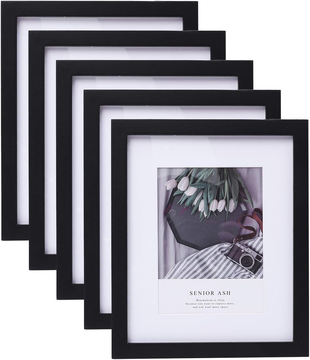 URATOT 5 Pack 8 x 10 Inches Wooden Plexiglass Picture Frame with Mat Photo Frames Set for Wall or Table Top Decoration, Black