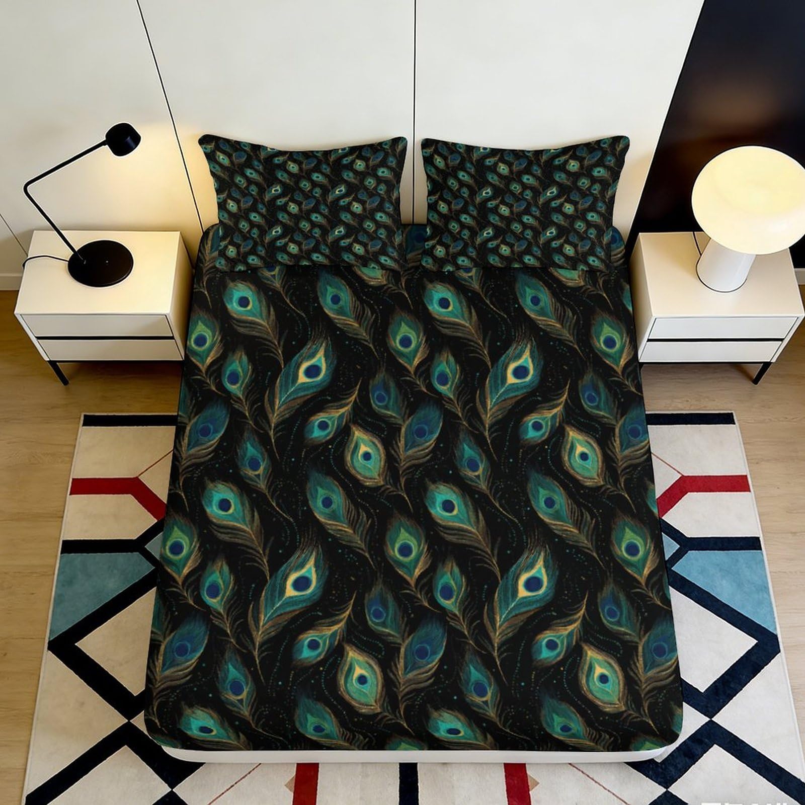 3D Printed Peacock Feather Fitted Sheet Microfiber Soft Dark Green Mattress Cover Bedroom Dorm Protector Decor 180x200x25cm