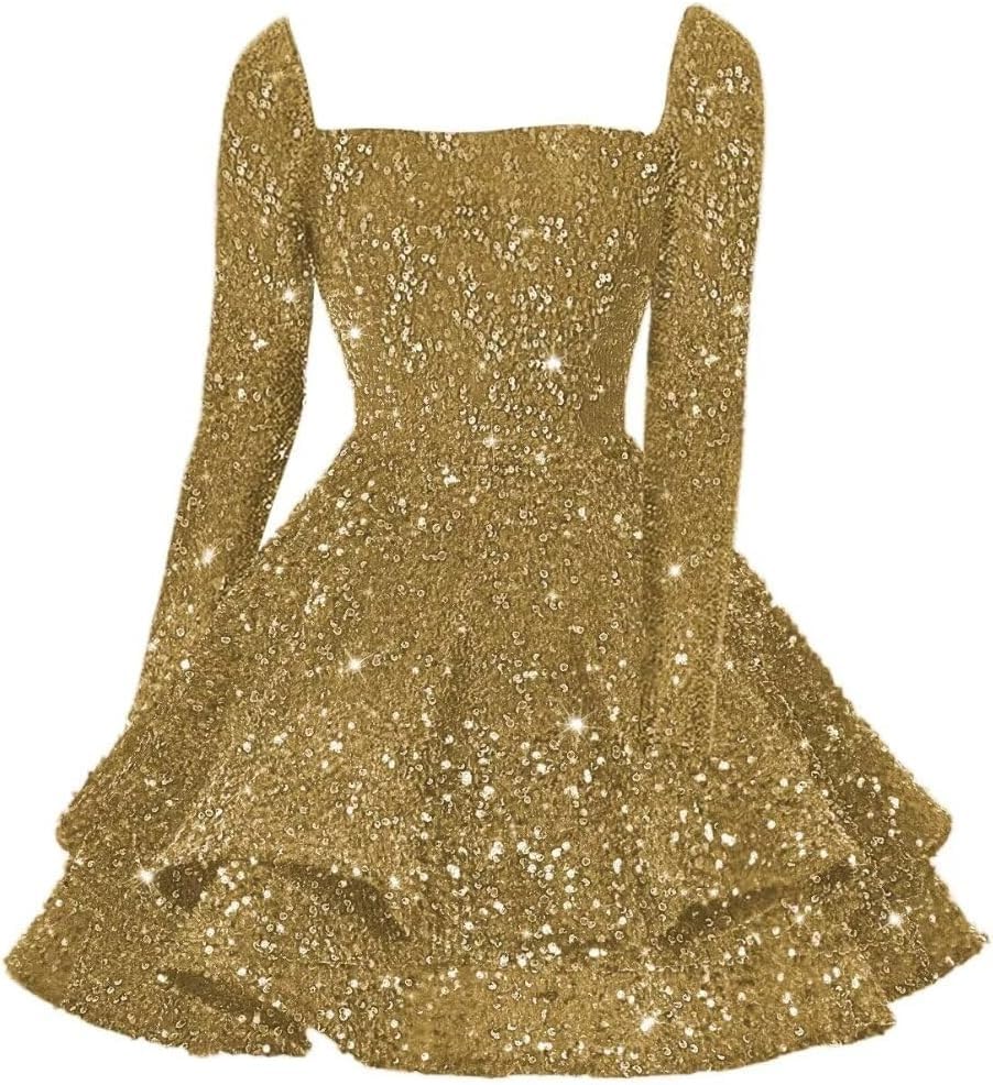 Sparkly Long Sleeves Short Homecoming Dresses for Teens 2025 Tiered Sequin Sweet 16 Prom Cocktail Dress