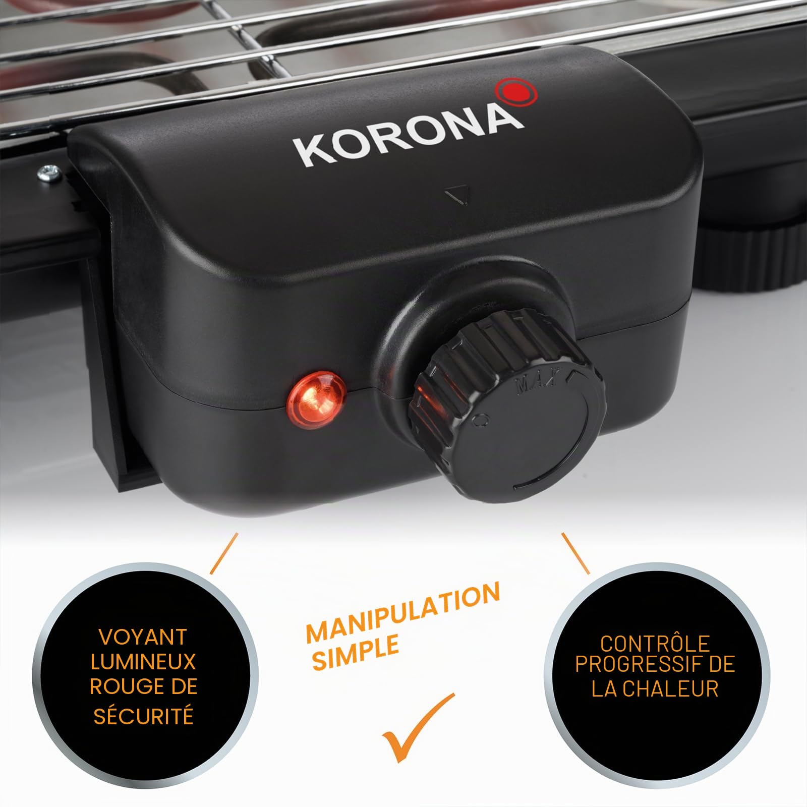 Korona 46221 Barbecue électrique sur pied avec grille XXL (51 x 30 cm) | 2200 W | Protection contre le vent | Témoin lumineux | Interrupteur de sécurité | Réglage de la température en continu