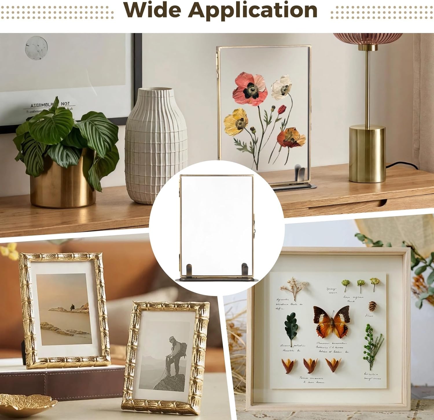 Vintage Floating Glass Frame, Tabletop Floating Picture Frame for Dry Flowers, Double Glass Pressed Flower Display Frame with Metal Base, Shelf Photo Frames for Home Office