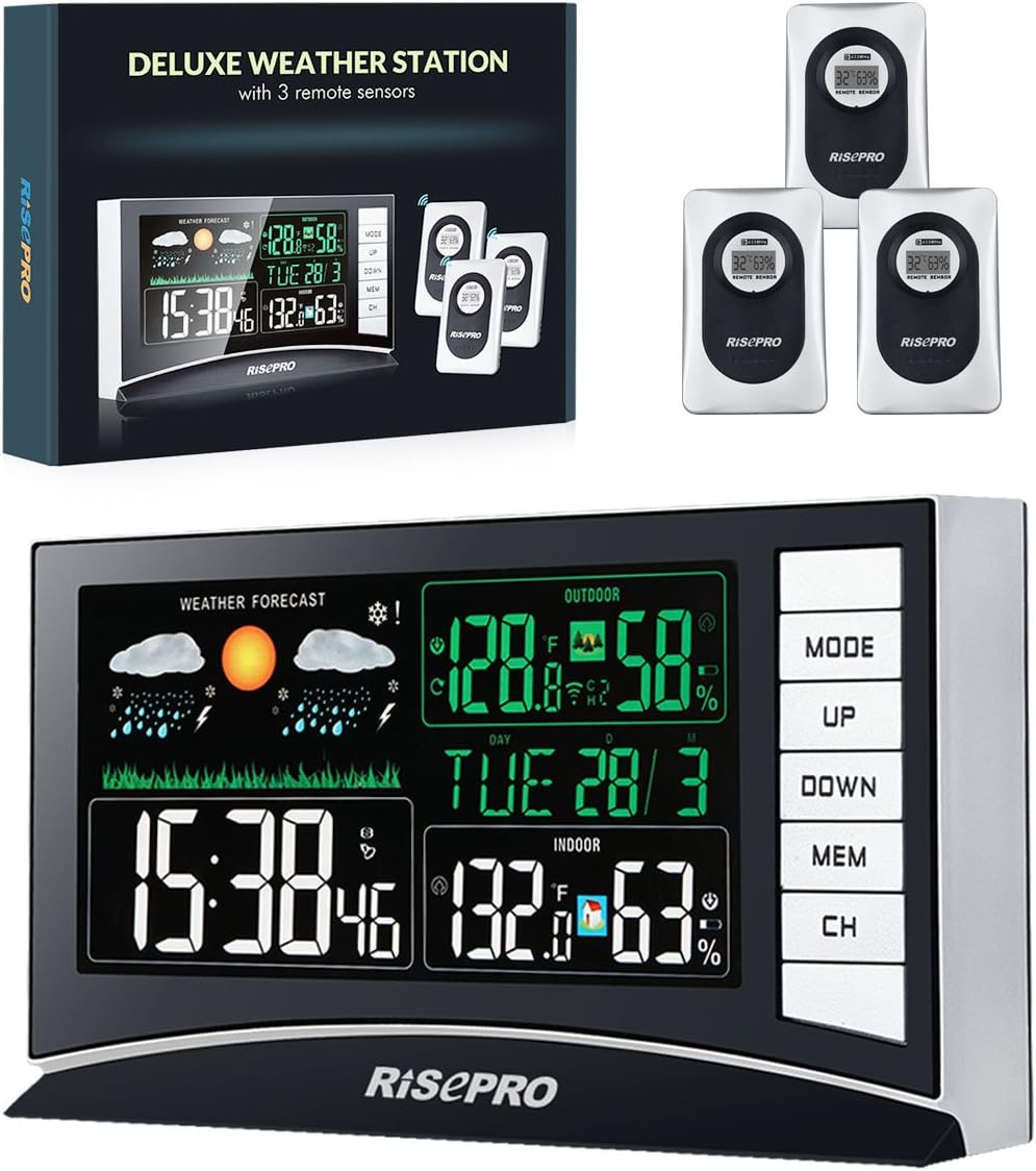 Wireless Weather Station Digital Weather Station With 3 Sensors In/Out Temperature and Humidity Clock Dual Alarm Function and the Weather Forecast With Large Color LED Display For UK