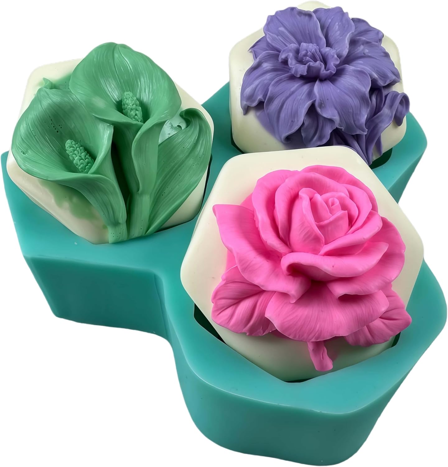 3 Mixed Flowers Soap Molds,Hexagon DIY Silicone Mold for Handmade Soap Scented Candle Wax Chocolate Cake Jelly Gum Aroma Plaster Diffuser Epoxry Resin Craft