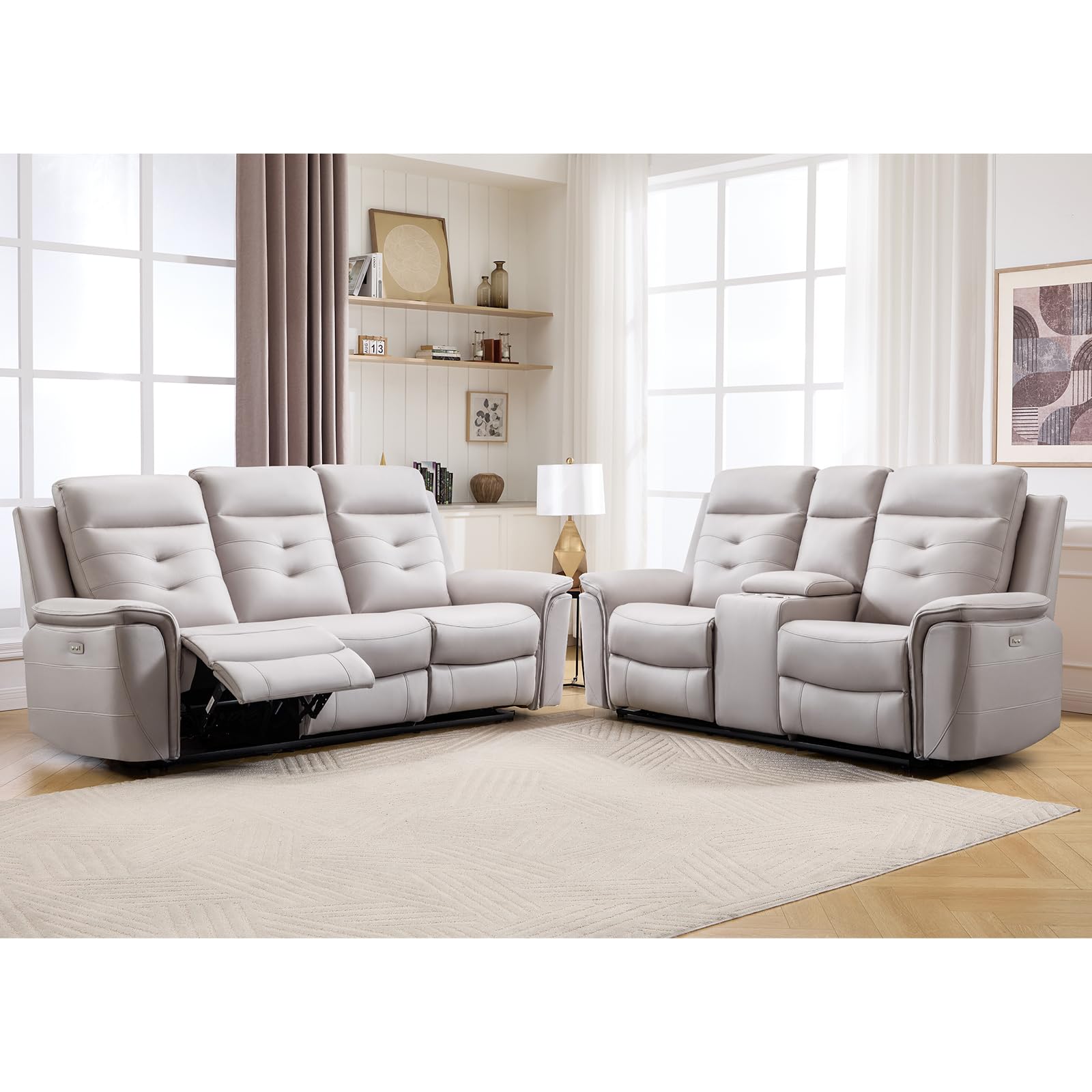 ANJ 2-Piece Faux Leather Power Reclining Sofa Set with Charging Port, Include 2-Seater Loveseat Recliner with Hidden Storage &amp; Cup Holders and Electric 3-Seater Reclining Couch for Living Room, Beige