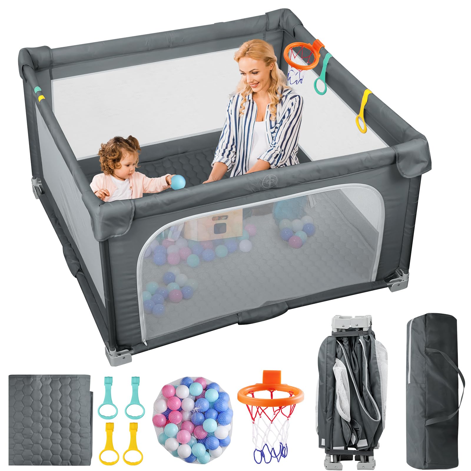 eSynic Corralito Bebé Portátil 150x150cm, Parque Infantil Plegable con Alfombrilla + 50 Bolas, Canasta Baloncesto, Malla Transpirable, 4 Agarraderas y Bolsa Transporte - Juegos Seguros para Bebé