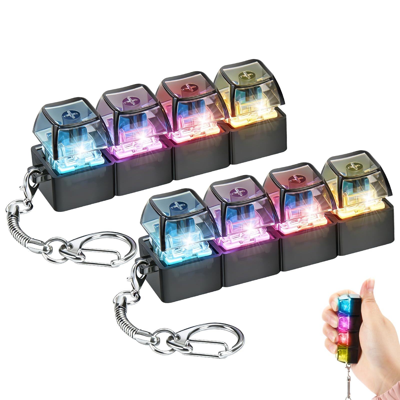 2PCS Keyboard Fidget Toy Light Up, 4 Button Clicky Keyboards Fidget Toy for Stress Relief, Portable Clicker Fidget Keyboard Keychain Glowing Fidgets Toys Gift
