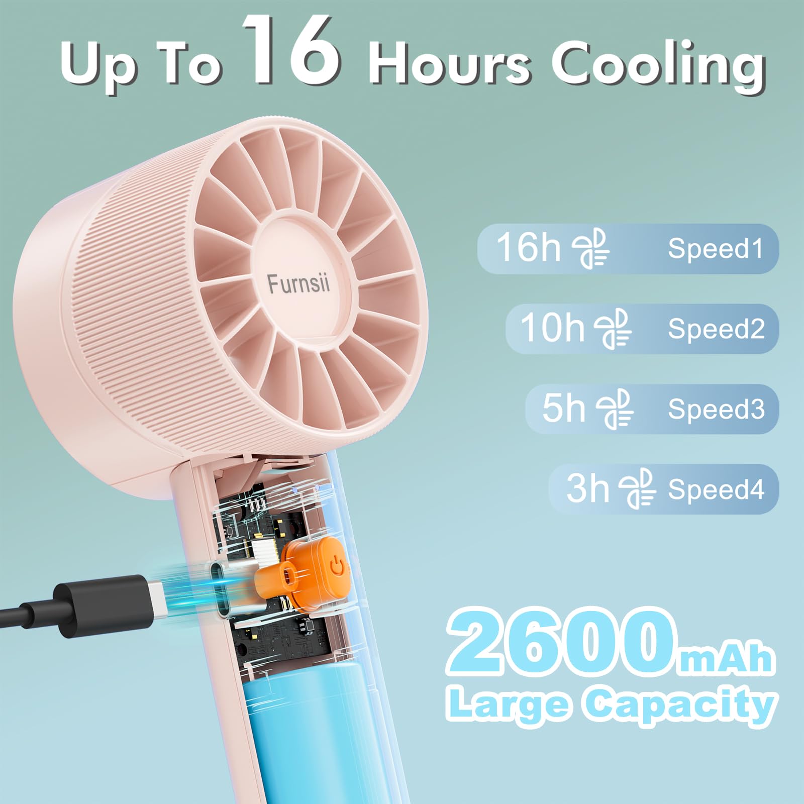 Ventilatore Portatile USB Ricaricabile - Mini Ventola Tascabile 2600mAh, 4 Velocità (Blu) - Foto 6