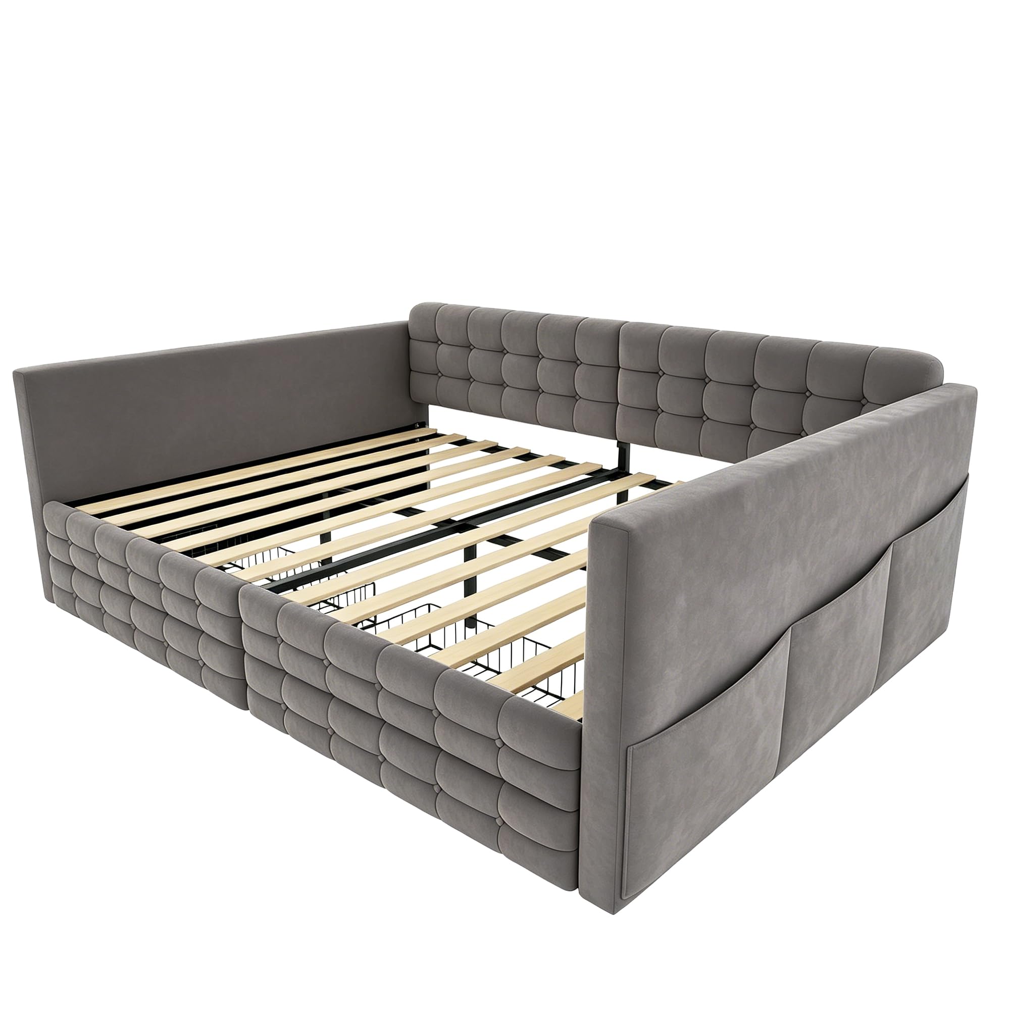 Łóżko tapicerowane, sofa z funkcją spania 140 x 190, klasyczny wzór w kratkę, schowki po bokach łóżka, dwie szuflady pod łóżkiem, dla gości lub jako pojedyncze łóżko, aksamitny materiał, szary