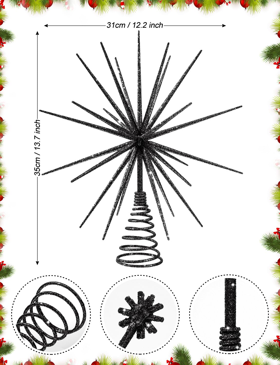 Cimier de sapin de Noël noir de 35 cm – Étoile explosive en 3D pour sapin de Noël