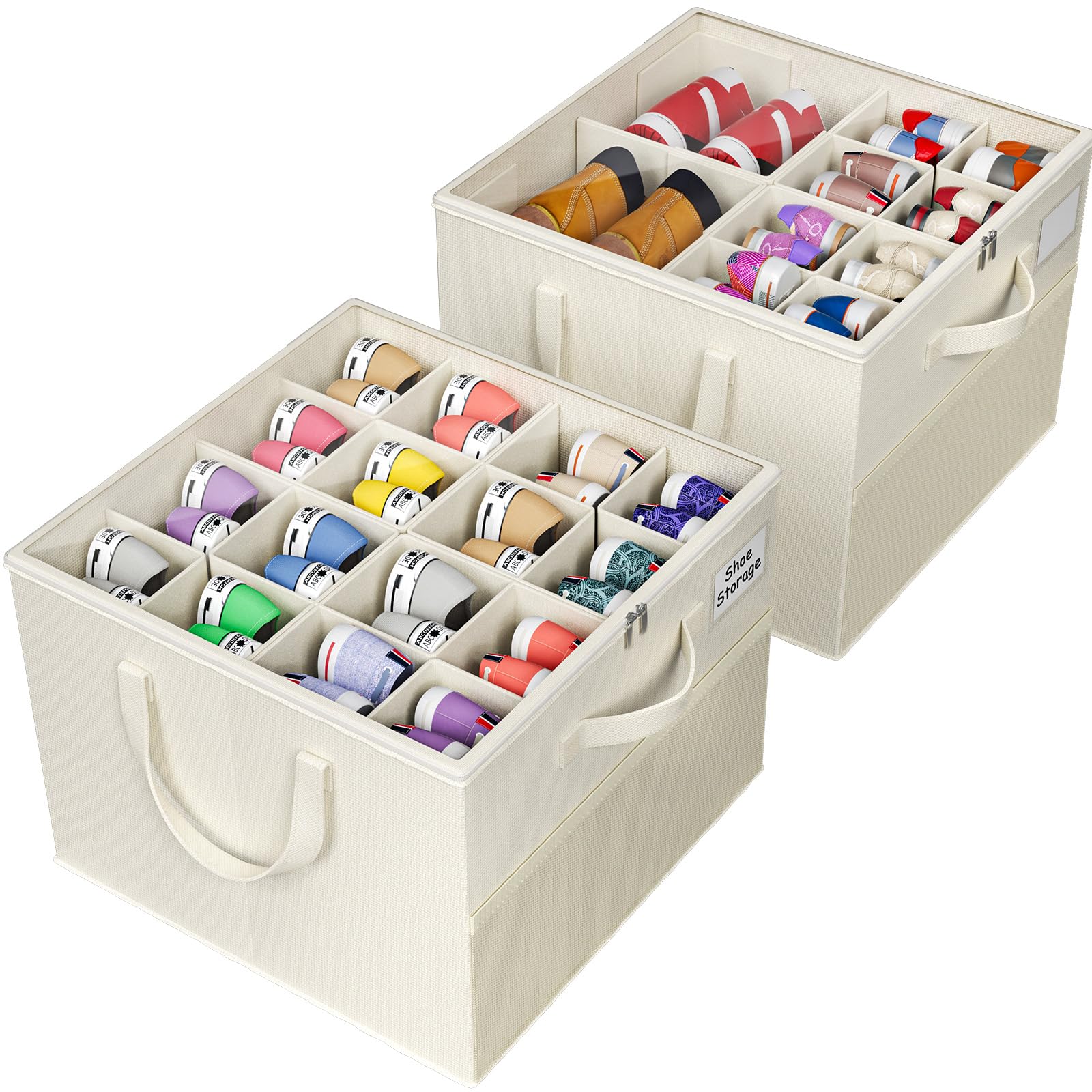 Condition photo showing New/Like New for nestorganix 2 pack shoe organizer for closet, large shoe box storage containers, foldable shoe storage organizer box bin with adjustable dividers and clear cover, space saving shoes holder, beige