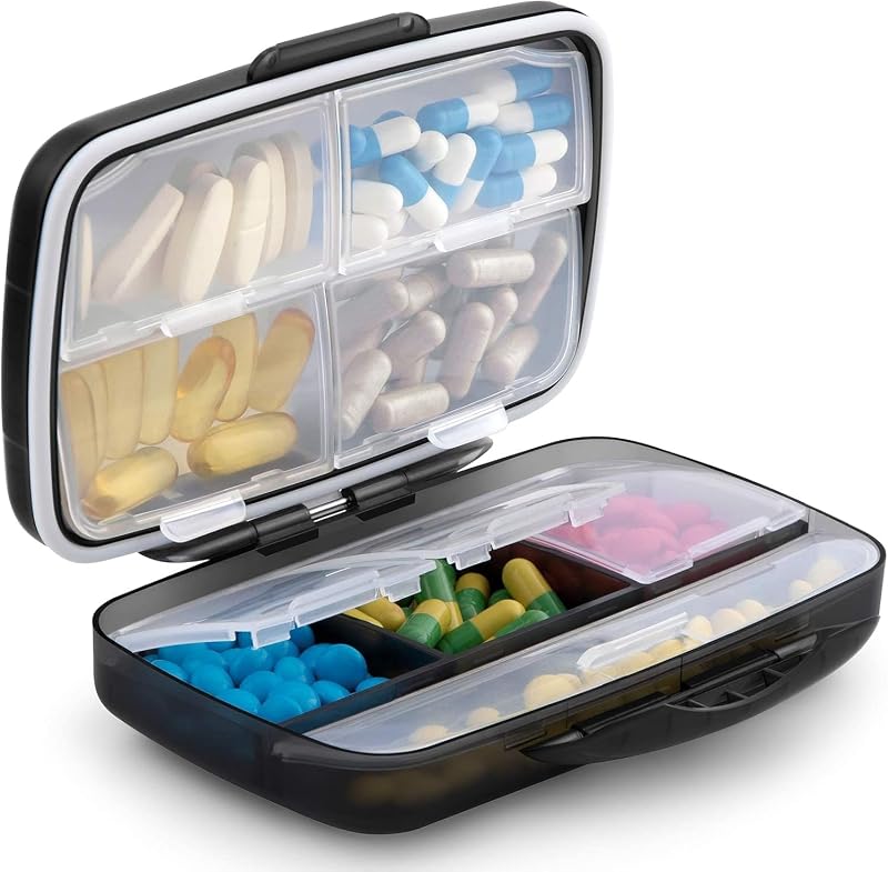 Travel Pill Organizer Large Portable Medication Fullicon Oversize 8 Compartment Pill Box, Vitamin Travel Case Pill Holder - Airtight & Moistureproof (Black) | Moisture Proof, Travel, Easy Open, Holds 14-17 Fish Oils, 20-35 Capsules or 13-21 Vitamins, Customized Labels, BPA-Free