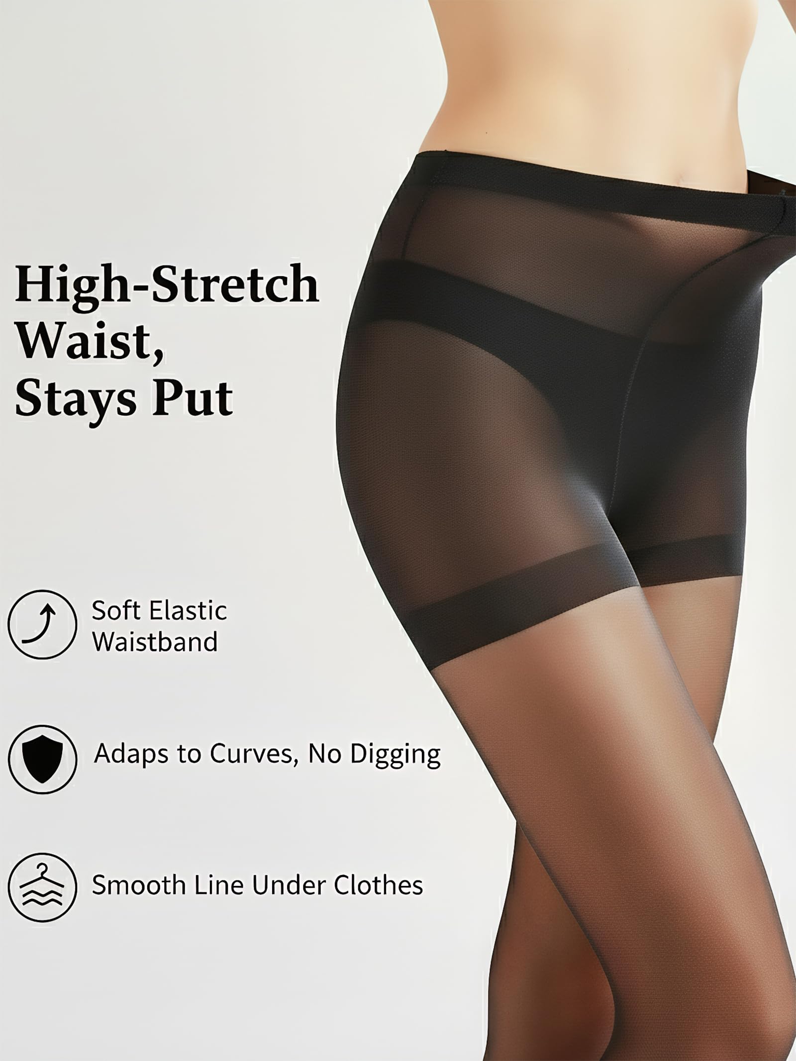 Sheer Tights for Women, 20D Legs, 40D Reinforced Top, Run-Resistant Knit, High-Stretch Waist, Reinforced Toes