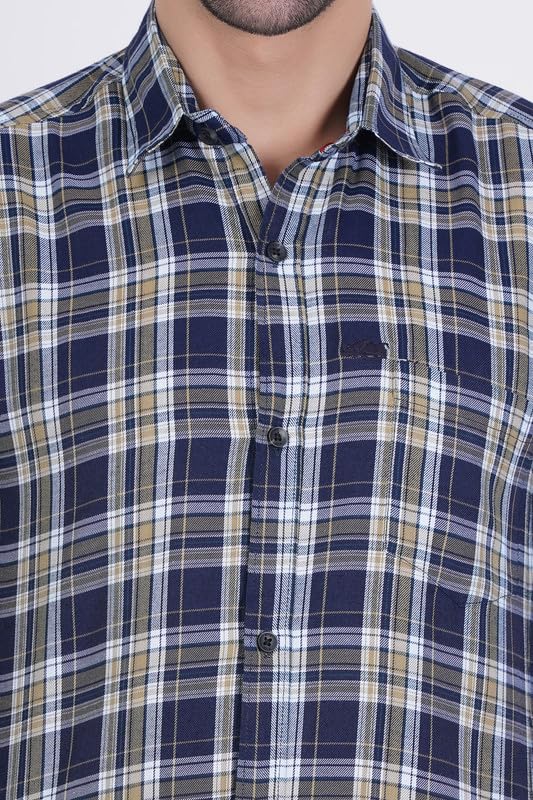 Image of RUE HANDMADE Men's Slim Fit Cotton Shirt - Trendy Blue Checkered Design | Casual & Formal | Full Sleeve, Spread Collar | Perfect Designer Style