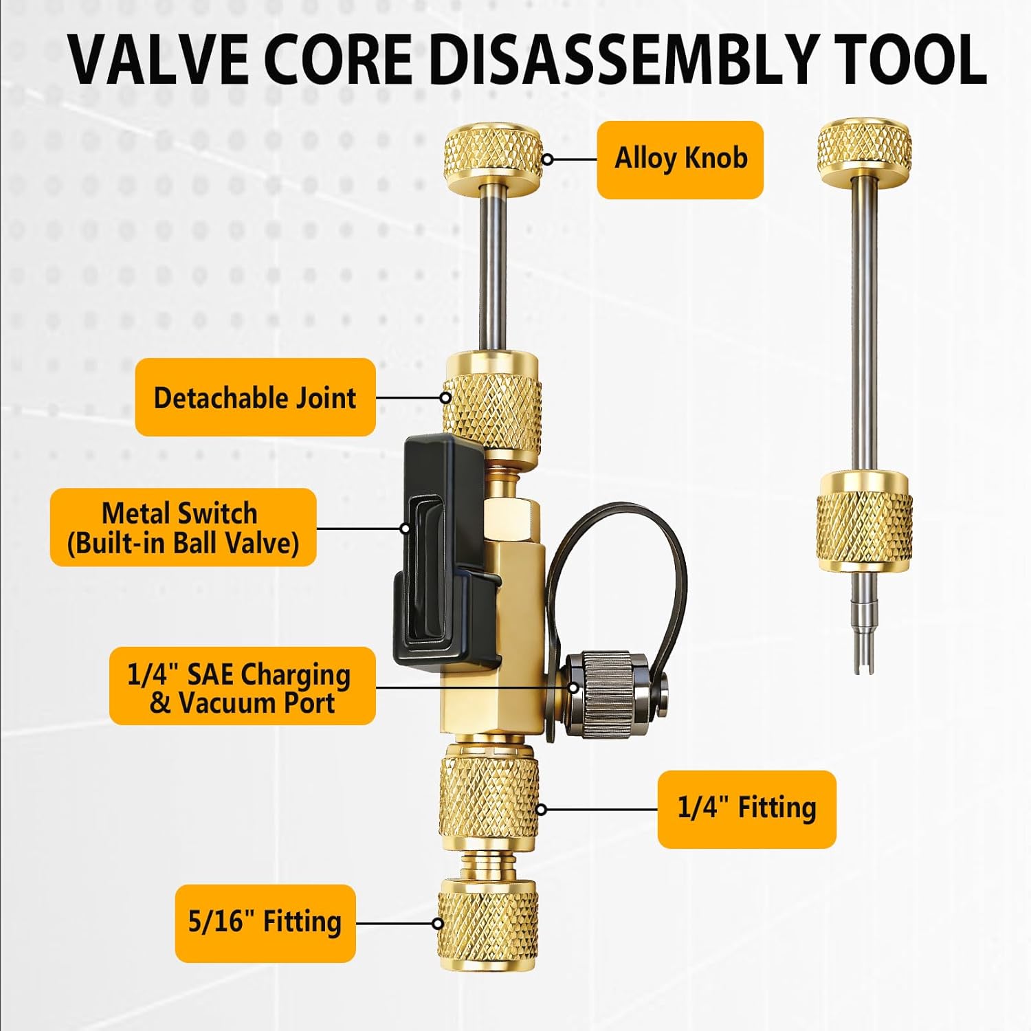 HAVC Valve Core Removal Tool, 1/4"& 5/16" Dual Valve Mega Flow Vacuum-Rated Valve Core Removal Tool, Dual Head Core Removal Tool for R410A, R22, R32, R404A, and R407C, Vacuum Rated to 20 Microns