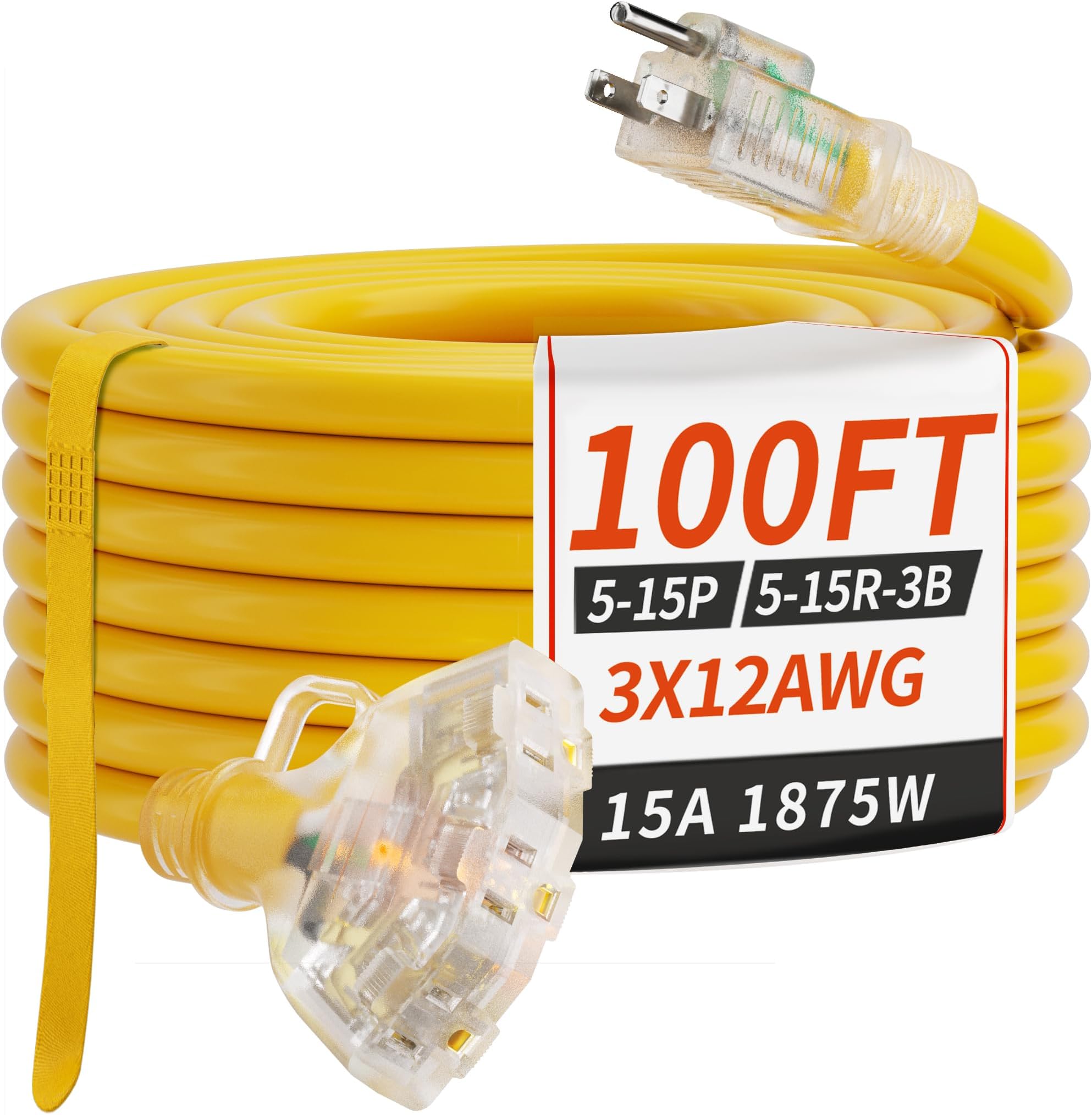 PlugSaf 100 FT 12/3 Gauge Outdoor Extension Cord with Multiple Outlets Light Indicator, Flexible 3 Outlet Weatherproof Heavy Duty Extension Cord Waterproof Yellow, 15A 1875W 12AWG SJTW, ETL Listed