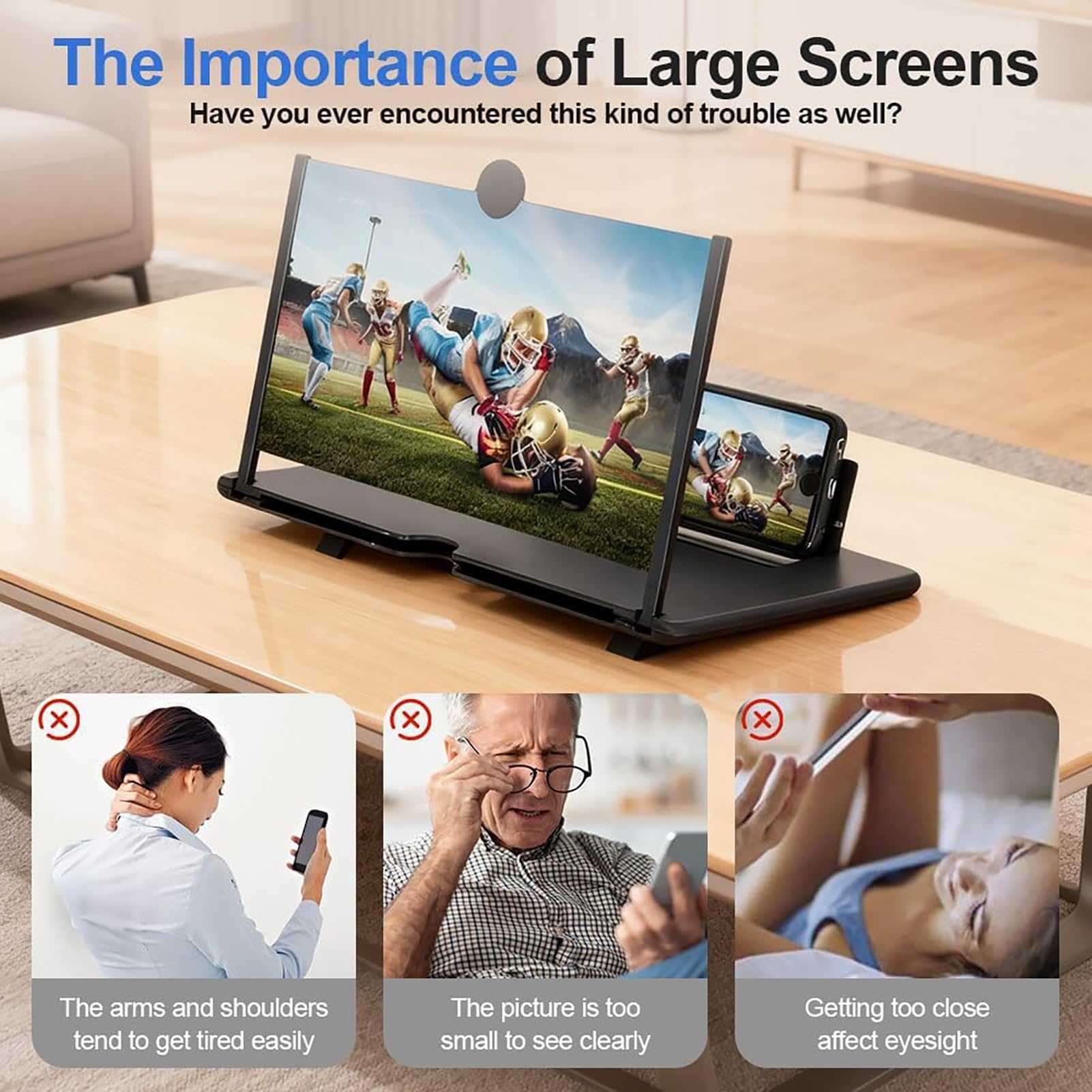 Tragbarer Hd-bildschirmvergrößerer mit 3D-hd-projektor Und Faltbarem Ständer for Filme, Videos Und Spiele, Kompatibel mit Allen Smartphones(Black)