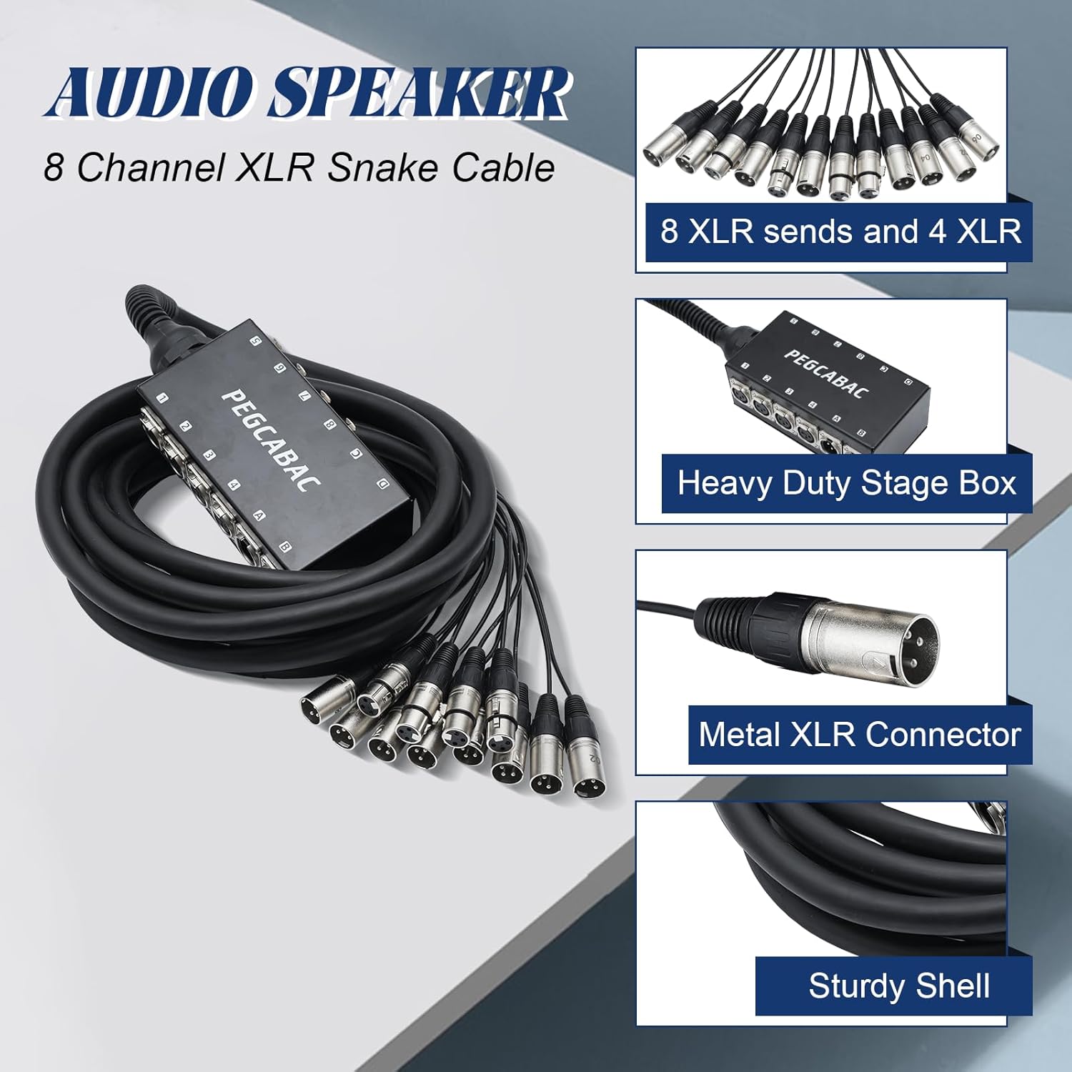 8 Channel XLR Snake Cable, 8 Sends and 4 XLR Returns, Low Profile Circuit Board Snake Stage Box, Pro Audio Splitter Cable 50FT