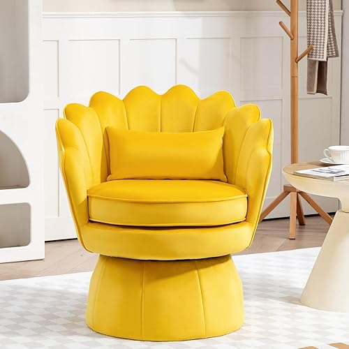 Silla giratoria de 360, silla de barril de terciopelo moderna de mediados de siglo, cómoda silla con brazo en forma de concha con almohada lumbar