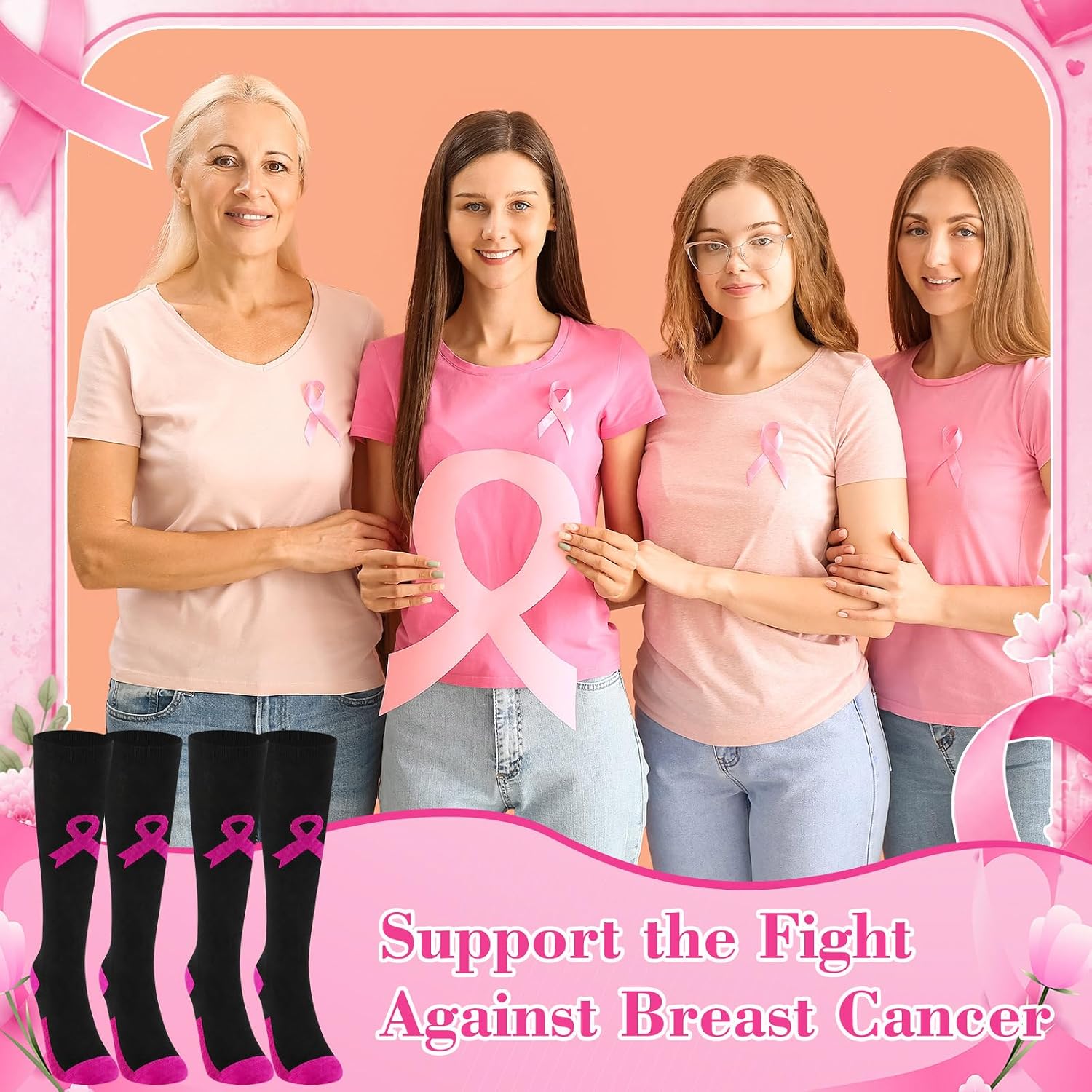 Ramede 30 Pairs Pink Ribbon Knee High Socks Breast Cancer
