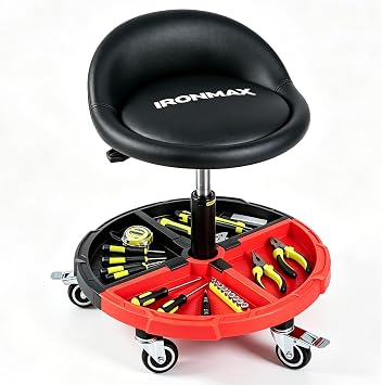 IRONMAX Rolling Mechanic Stool with Backrest, Padded Seat & Tool Tray