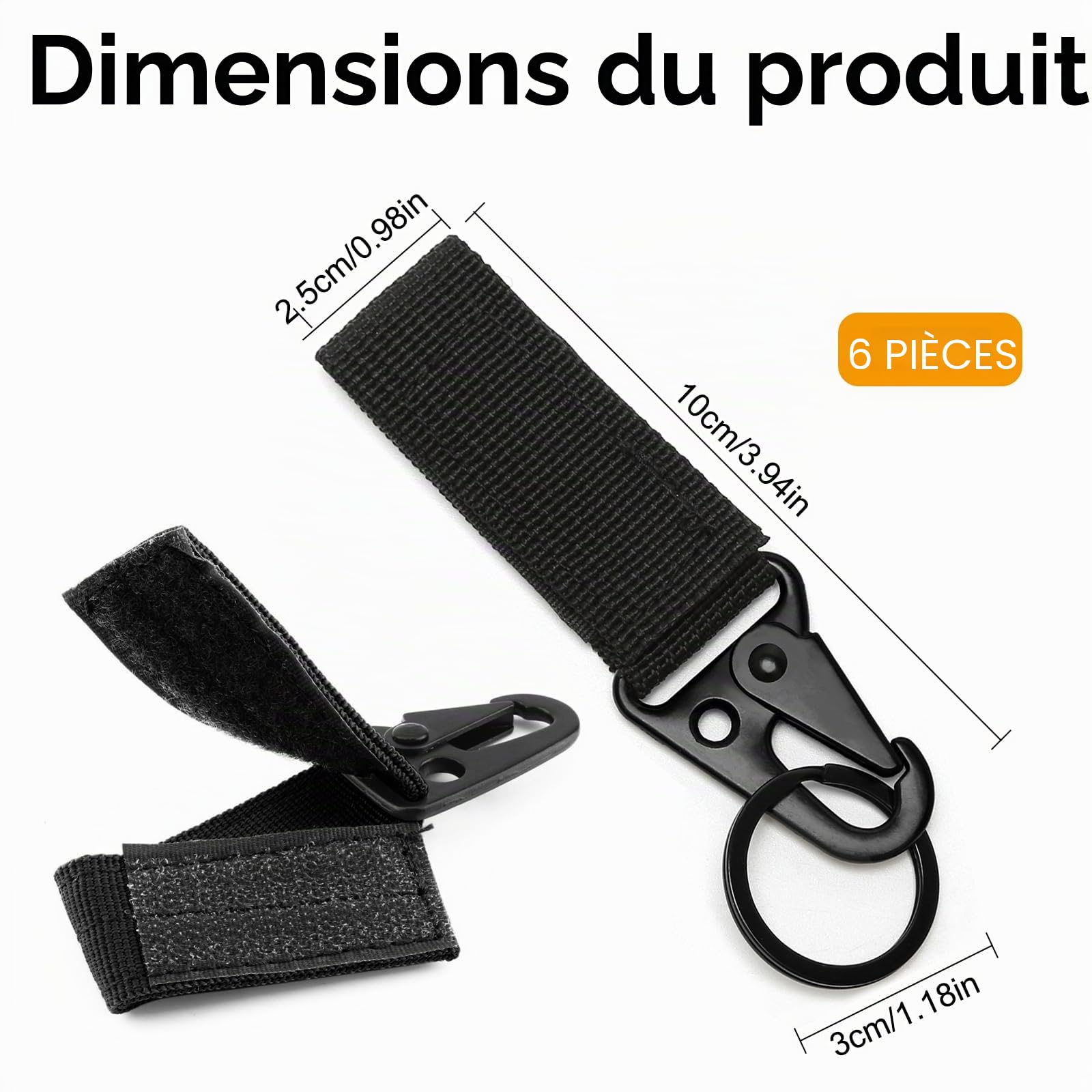 Mousquetons Tactique 6 Pièces Sangle en Nylon Noir pour Gilet Ceinture Sac à Dos
