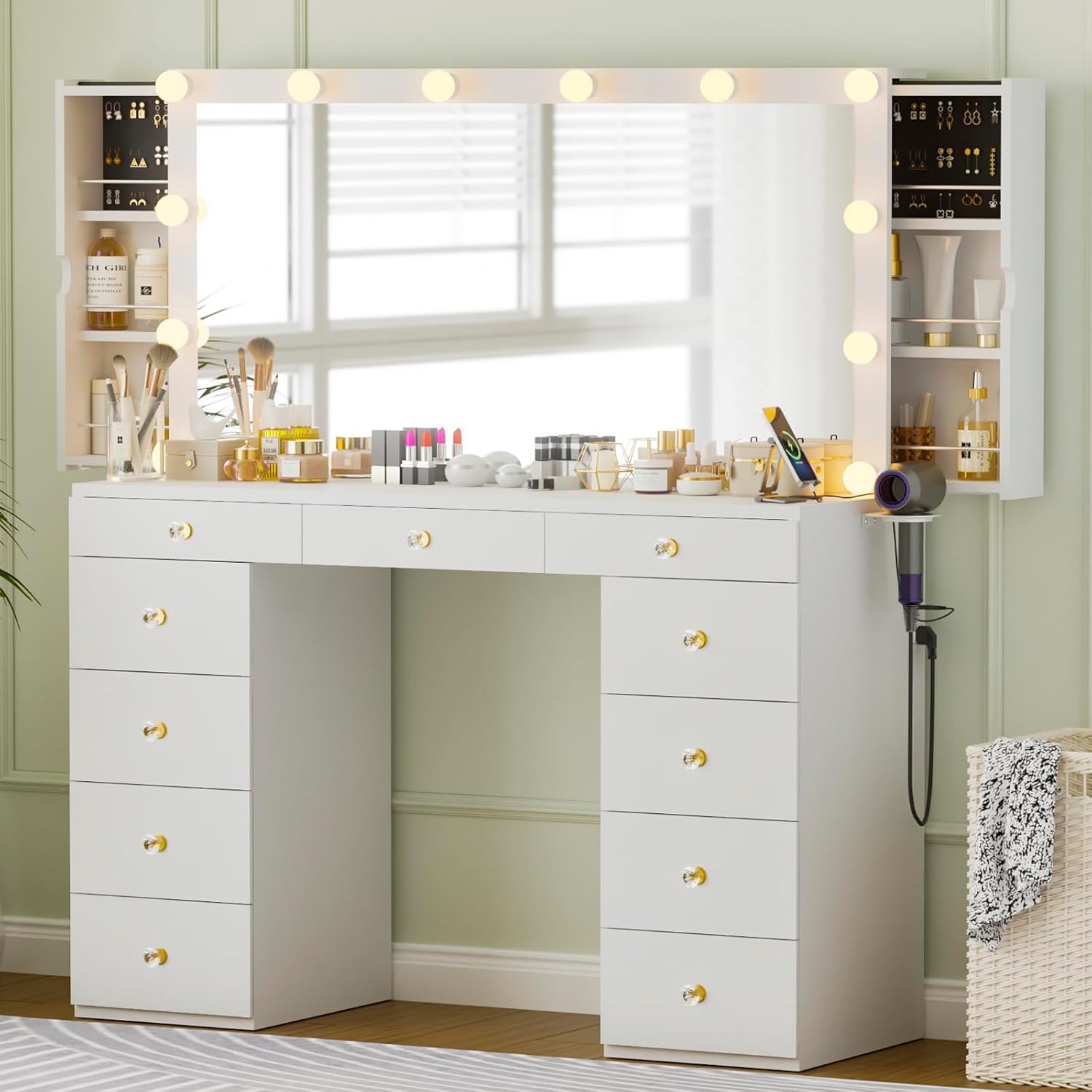 Makeup Vanity Desk with Mirror and Lights, White Vanity with Hidden Jewelry Storage Cabinet, Makeup Dressing Table for Bedroom with 11 Drawers, Crystal Knobs, 3 Lighting Modes for Women Girls