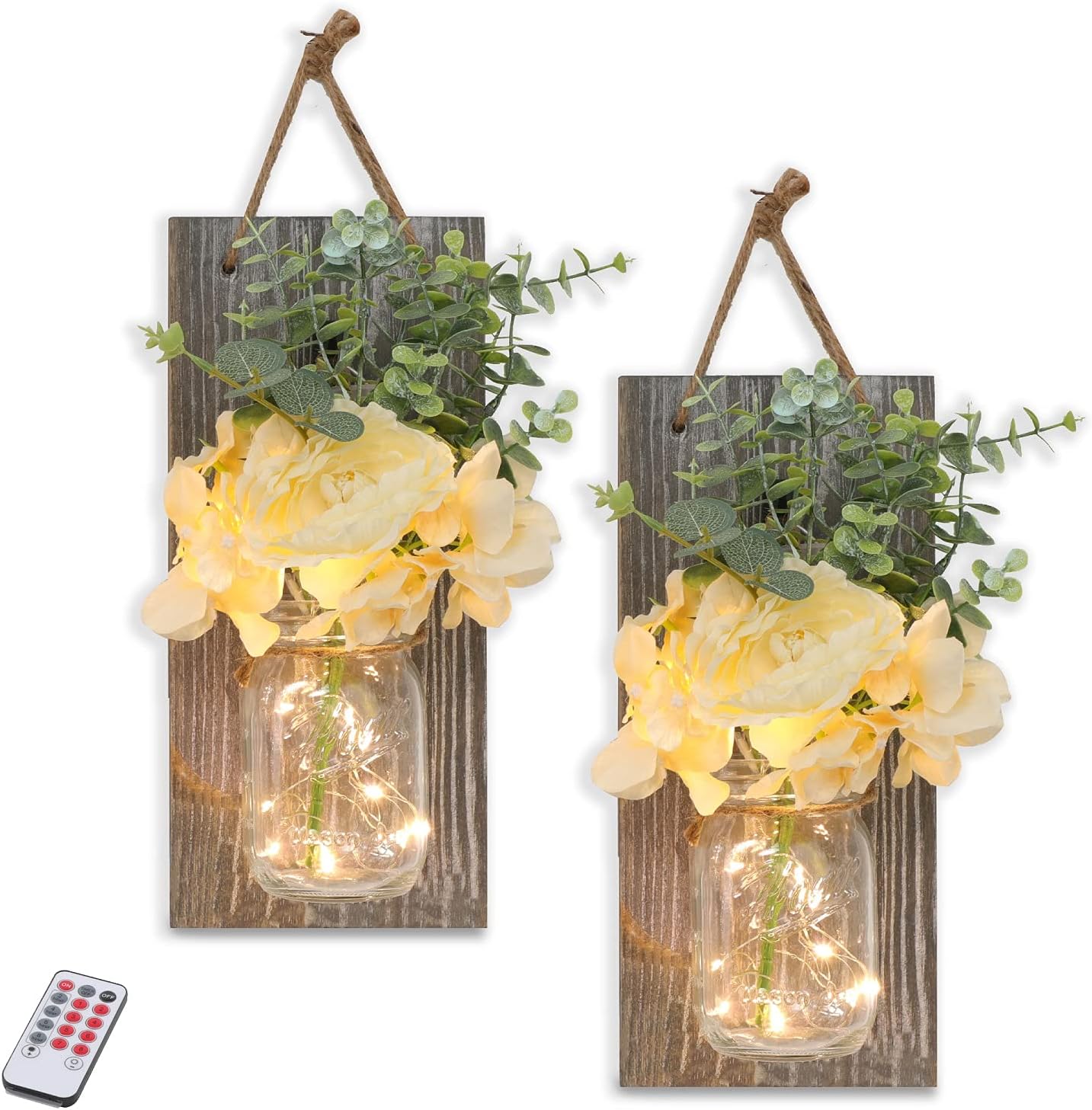 Mason Jar Sconces Home Design Wall Decor Remote Control Farmhouse Shabby Chic Living Room Kitchen Bedroom Bathroom Decoration with 6-Hour Timer LED Lights Flowers Silk Hydrangea Set of 2 Grey