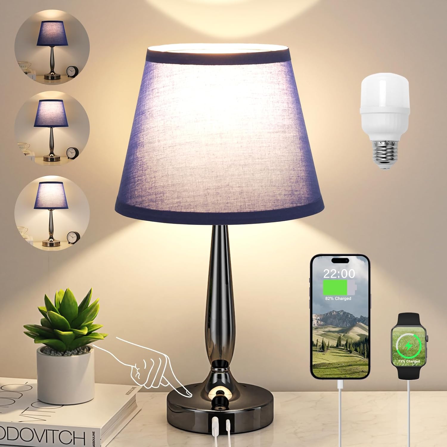 Kakanuo Touch Bedside Lamp with USB Ports