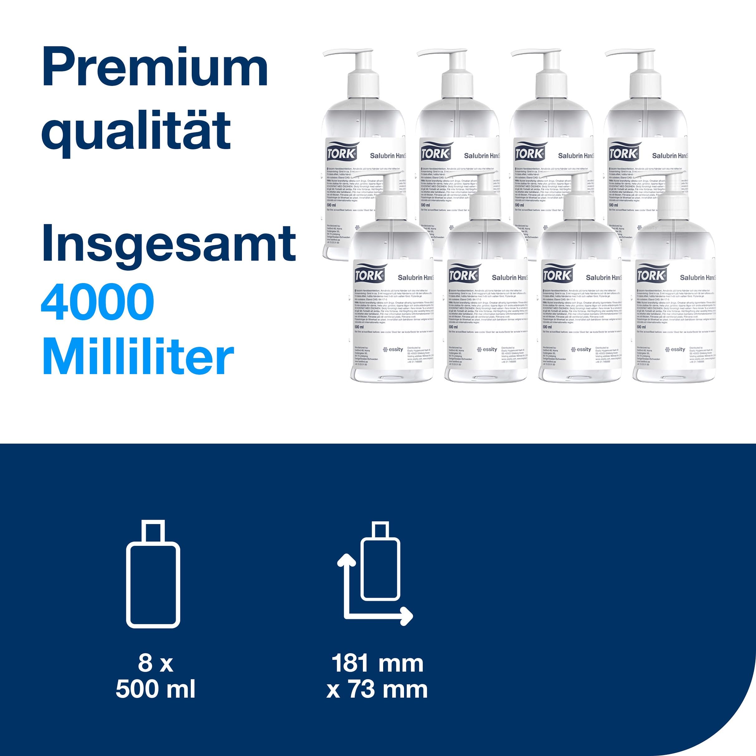 Tork Feuchtigkeitsspendendes Salubrin Händedesinfektionsgel Pumpflasche, EN 1500 und EN 14476, 8 × 500 ml, 911103