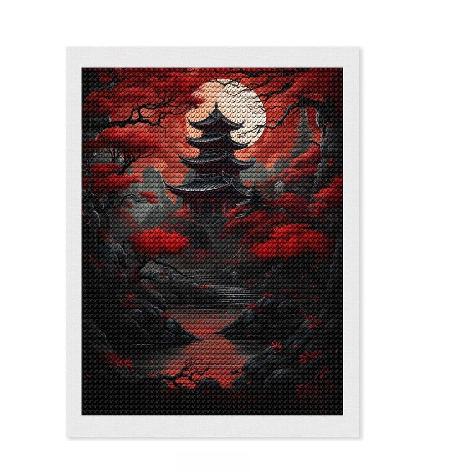 Junmoney Red Moon Japan Round Drill Diamond Painting 12"x16", Relaxing DIY Hobby, Sparkling Round Gems, Modern Decor, for Adults