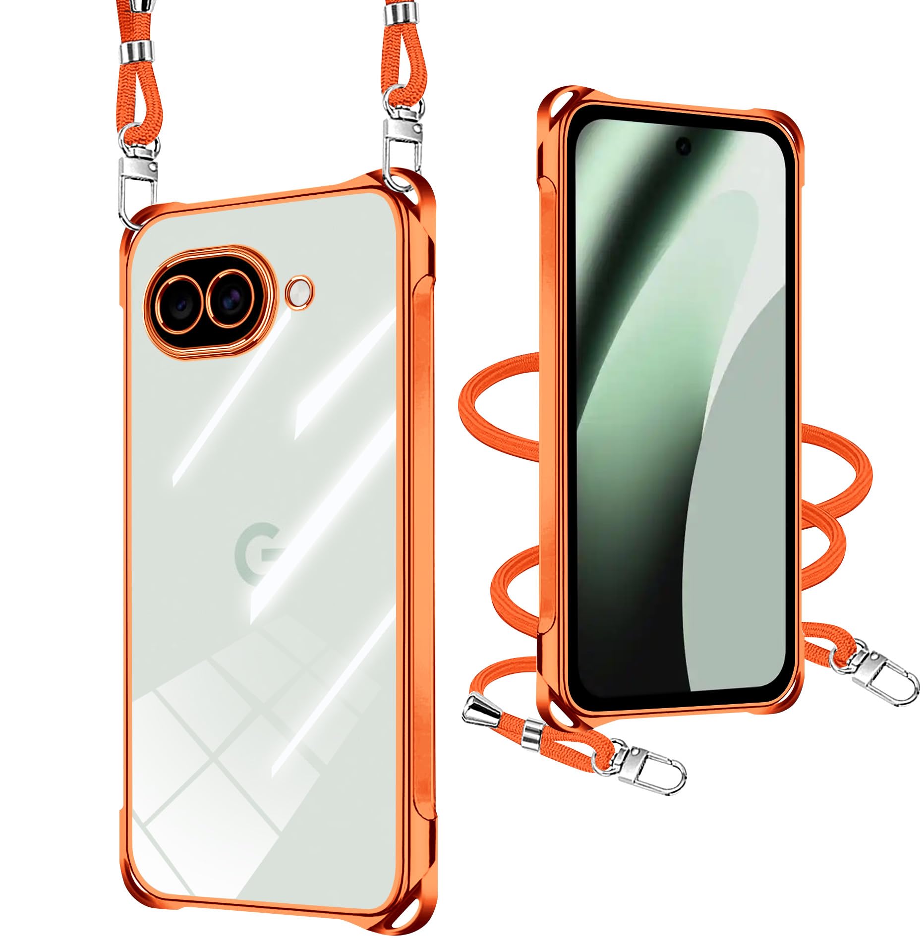 xiusiteli Google Pixel 10A 用 ケース クリア ショルダー ピクセル 10A 携帯カバー 耐衝撃 全面保護 ストラップ付き 肩掛け 斜めかけ 縄掛け スマホケース TPU 薄型 軽量 取り外し可能 落下防止 柔軟【オレンジ】